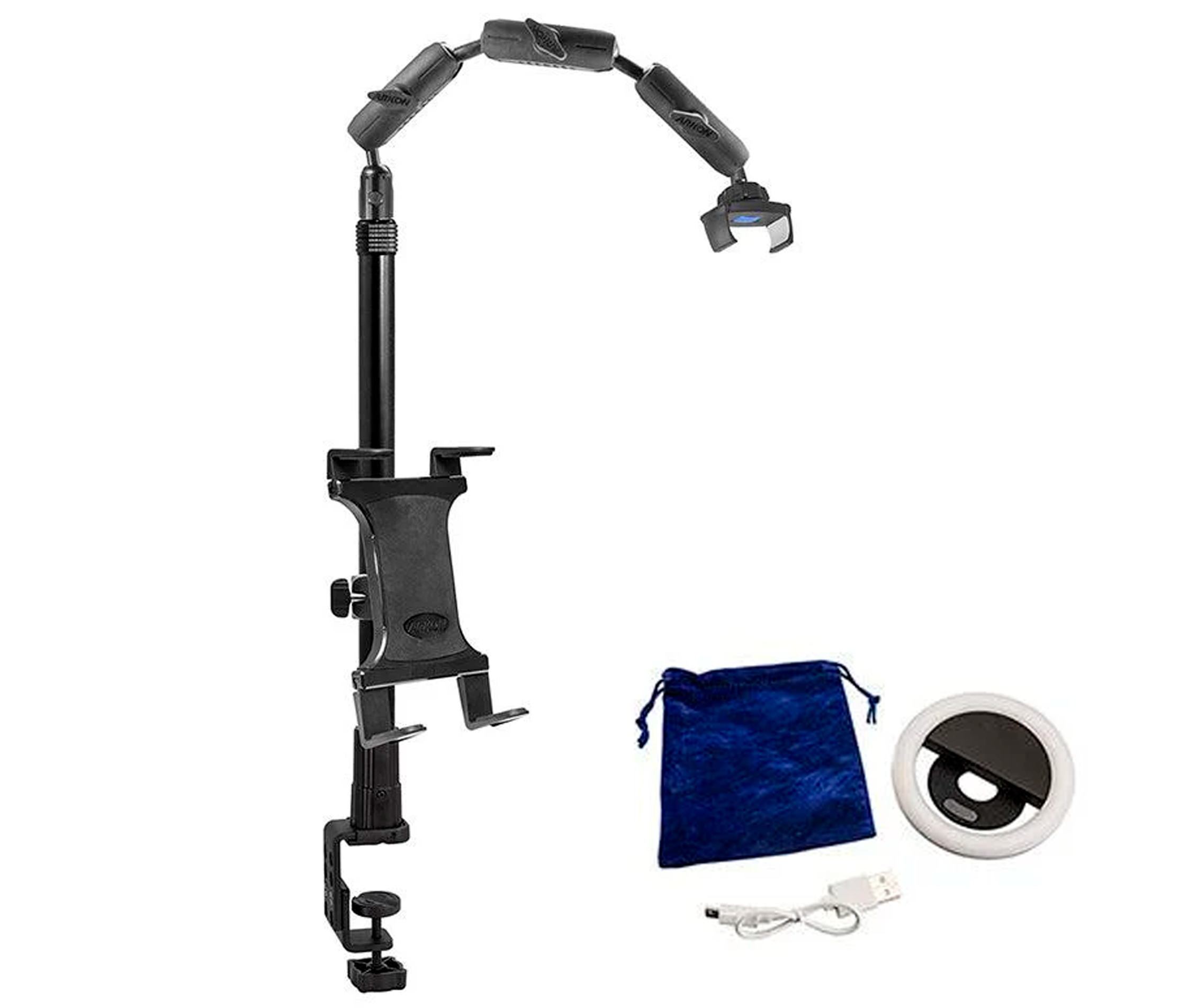 Soporte de escritorio para Tablet 7 a 18 Pulg y Celulares o Mini Proyector / incluye Aro de luz / Fijación tipo Prensa /  Ideal para transmisión en vivo