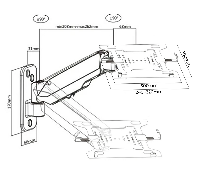 Rack Soporte con Gas Spring de Pared para Laptop 10 a 15.6 Pulg