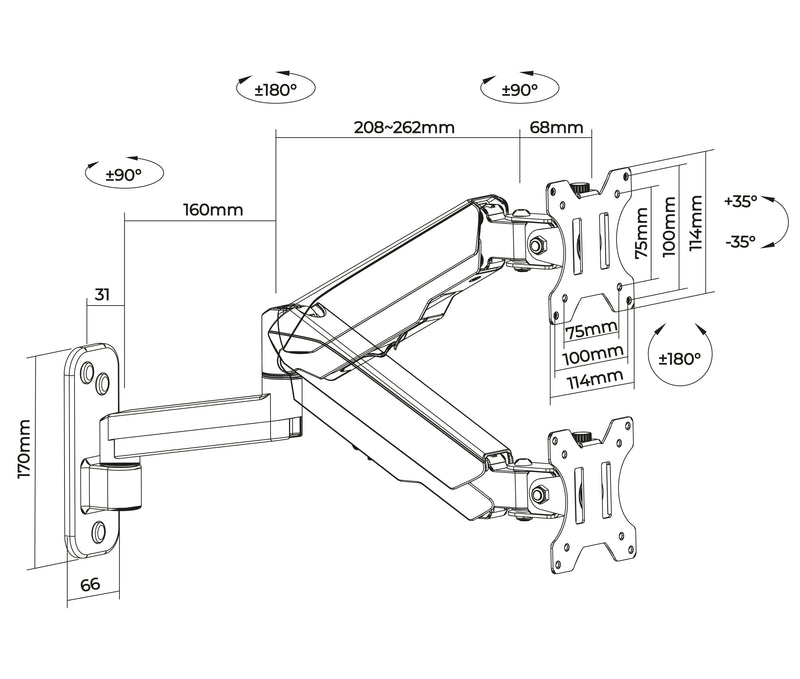 Rack Soporte con Gas Spring de Pared para Monitor 17 a 32 Pulg