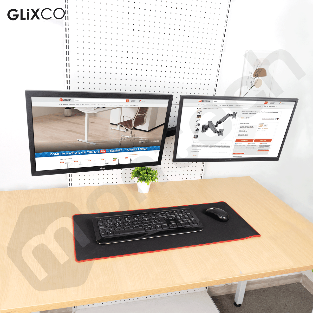 Rack Soporte Doble Brazo de Pared con Gas Spring para 2 Monitores 17 a 32 Pulg