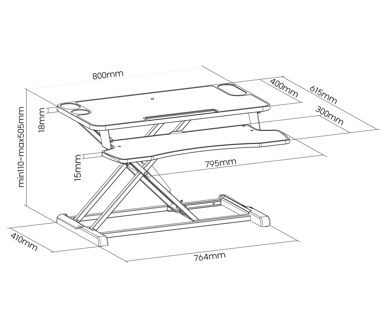 Escritorio Sobremesa 80x61 cm con Altura Regulable 11 a 50 cm  para trabajar Sentado o Parado