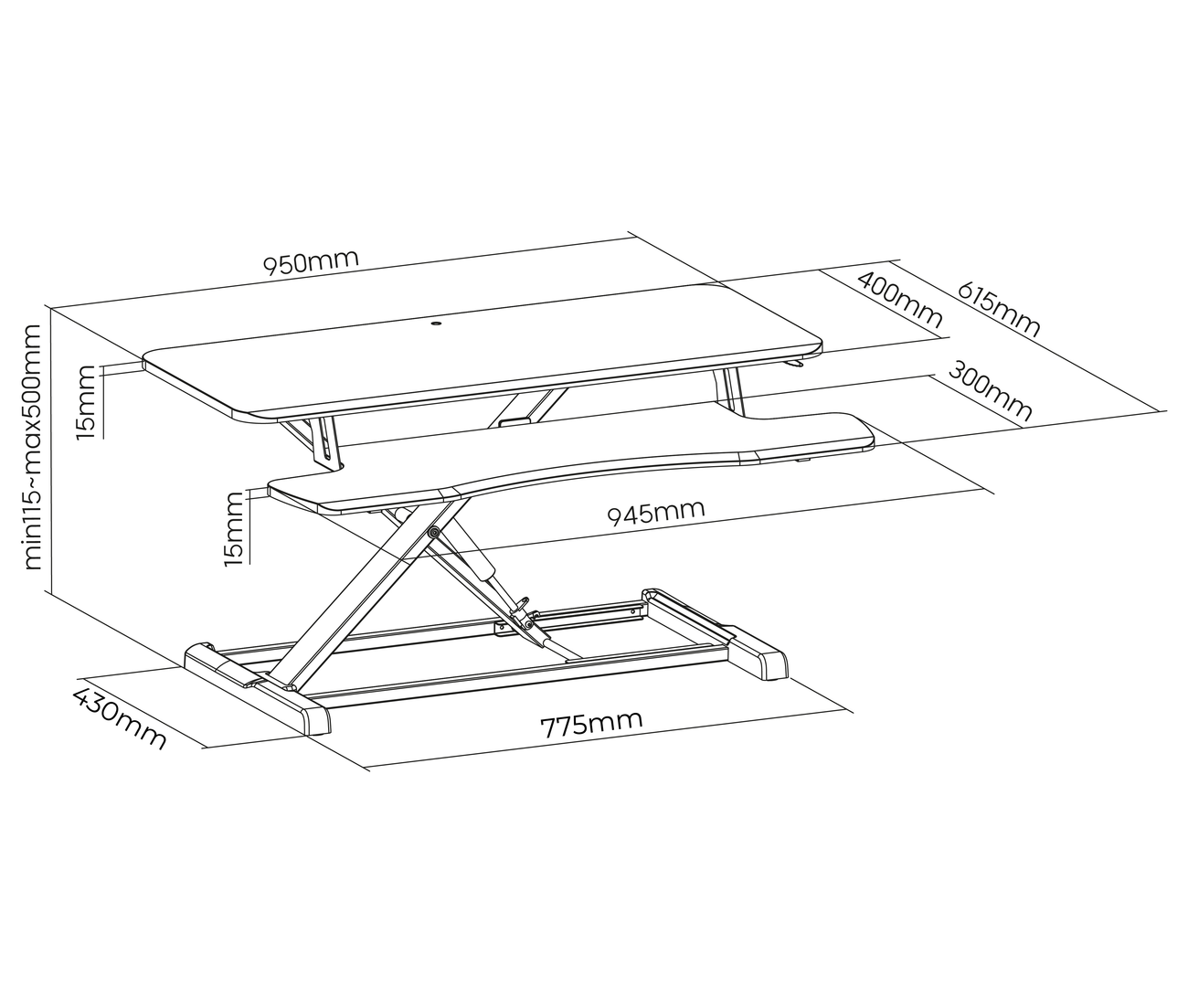 Escritorio Sobremesa 95x40 cm con Altura Regulable 11.5 a 50 cm  para trabajar Sentado o Parado