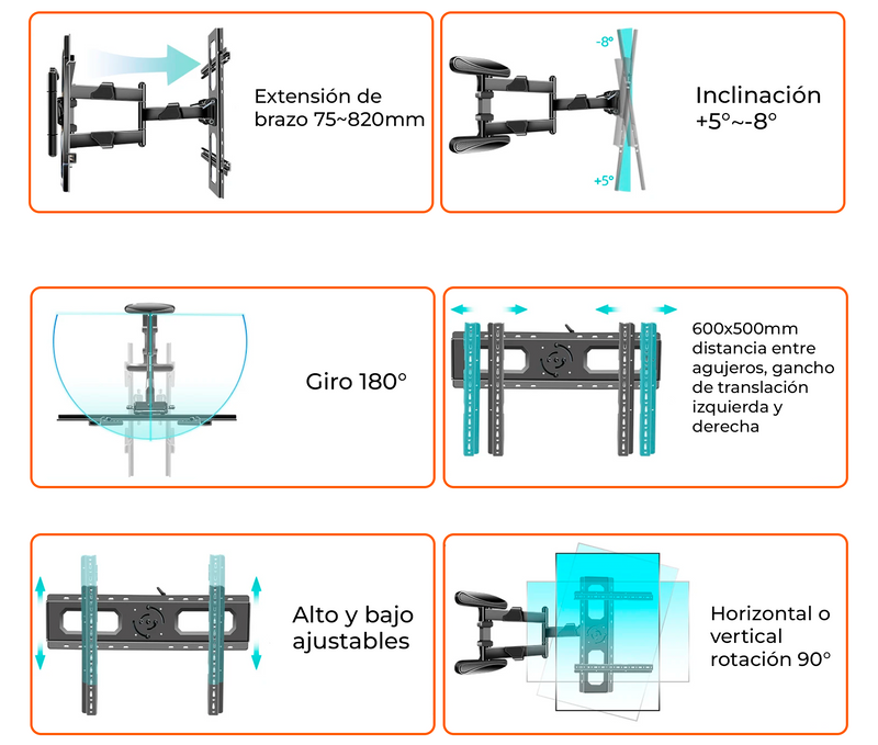 Rack Giratorio con Doble Brazo Articulado TV 40 a 80 Pulg / VESA Max 600x400mm / Carga 50 kg / Brazo extendido 82 cm