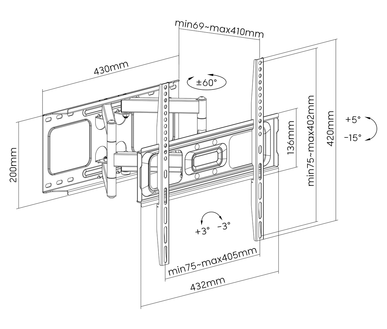 Rack Giratorio con Doble Brazo Articulado para TV 32 a 70 Pulg / VESA max 400x400mm / Carga 45 kg