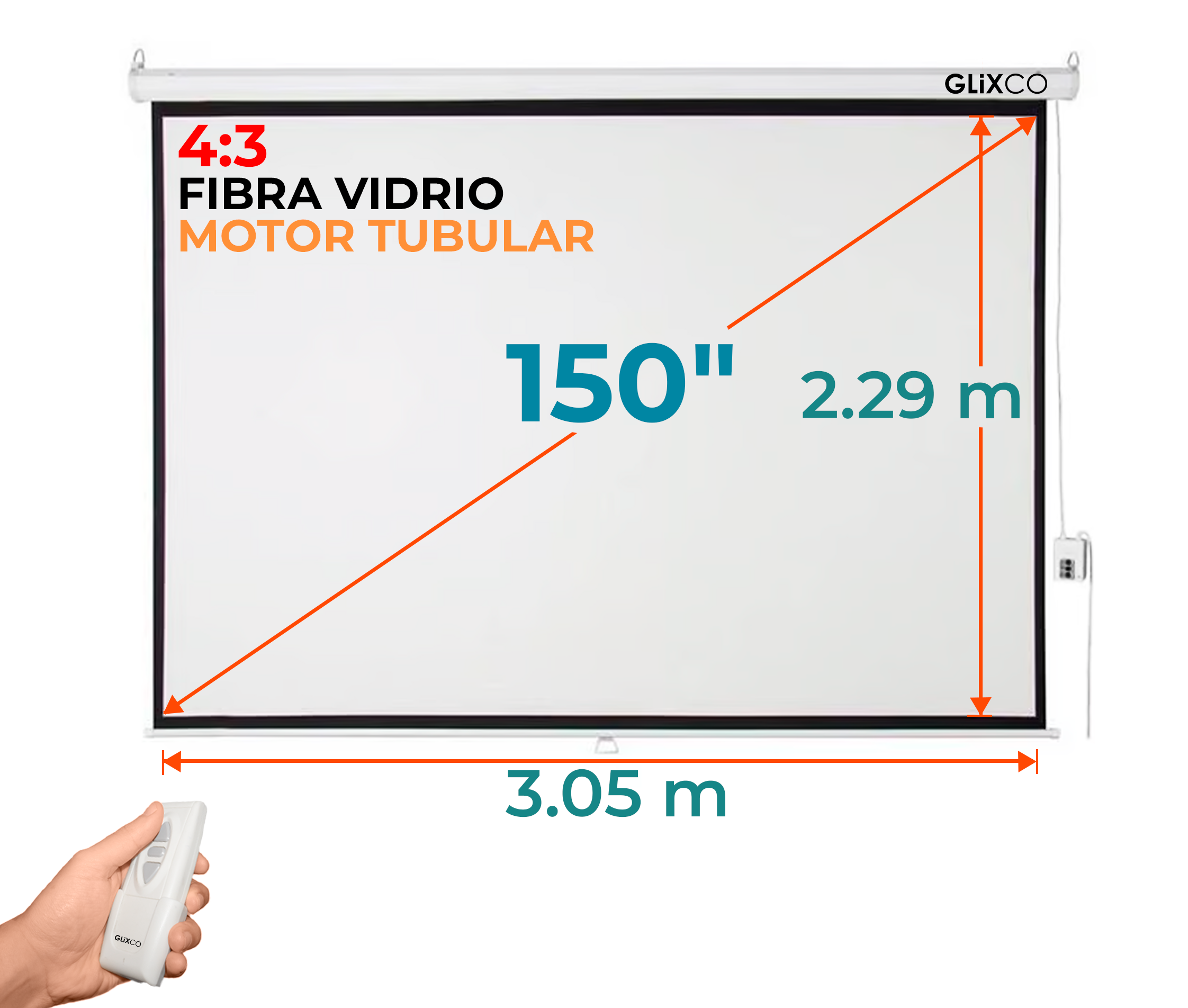 Ecran Eléctrico 150 Pulg (4:3) 3.05x2.29 m / Fibra de Vidrio / Motor Tubular