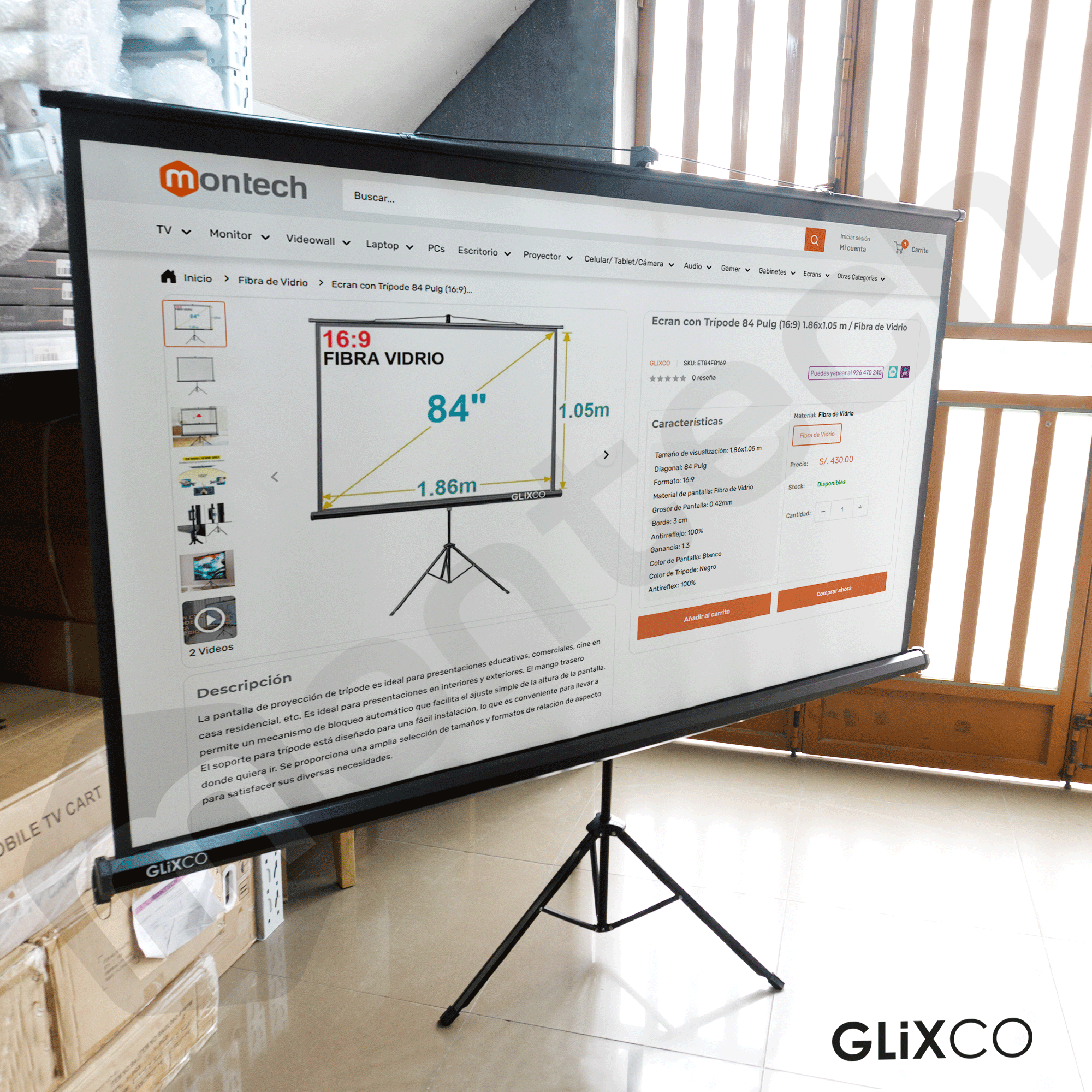 Ecran con Trípode 84 Pulg (16:9) 1.86x1.05 m / Fibra de Vidrio