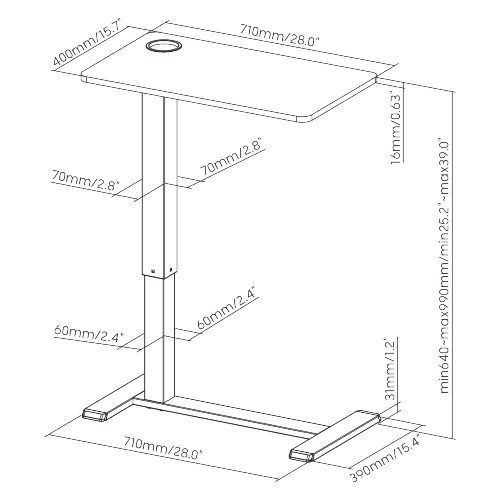 Mesa Auxiliar con Ruedas Ocultas / Escritorio movil para Laptop /Altura Pata 31mm / Tablero Melamina 71 x 40cm / Altura regulable 64 a 99cm / Uso en Cama , Sofa u Hospital