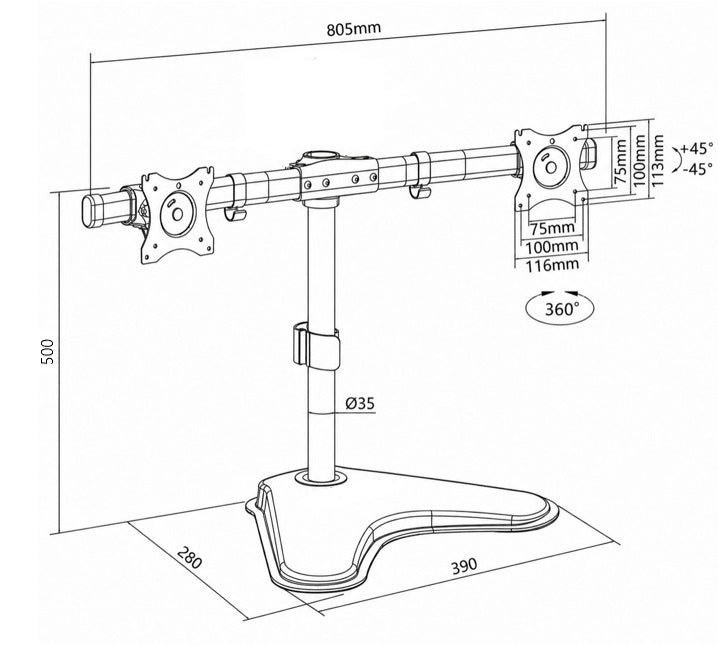 Rack Soporte con Base de Escritorio para 2 Monitores 13 a 27 Pulg (INCLUYE: ARMADO)