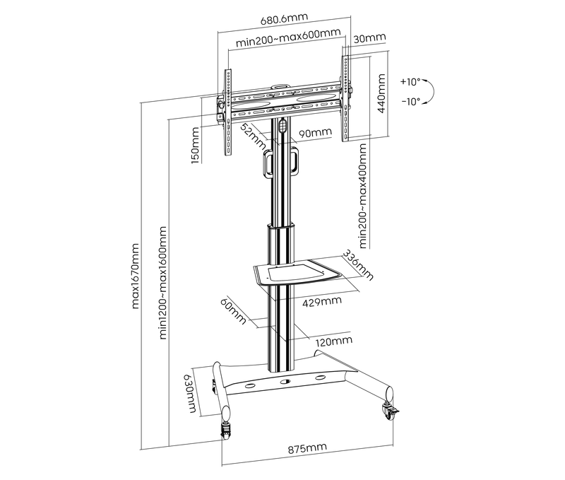 Pedestal con Ruedas para TV 32 a 65 Pulg / VESA Max 600x400mm / Carga 40 kg