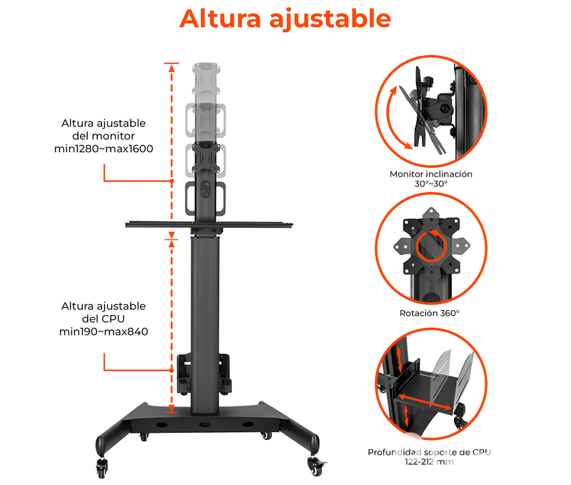 Pedestal con Ruedas para Monitor 13 a 32 Pulg con Soporte para CPU y Teclado