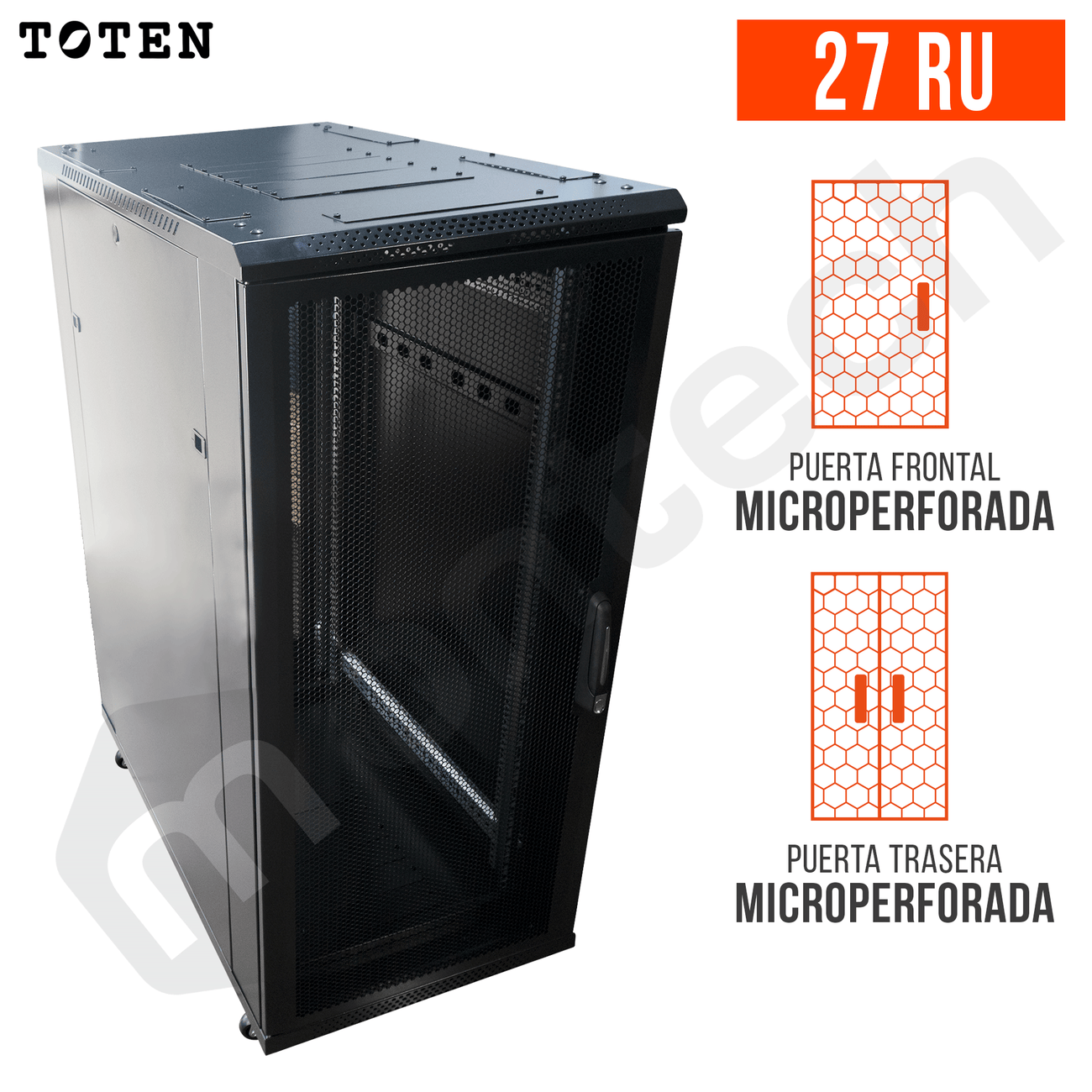 Gabinete de Piso para Servidores / 27 RU / 60x100x140 cm (AnchoxProf.xAlt.) / Puerta Frontal Microperforada Posterior Doble Microperforadas