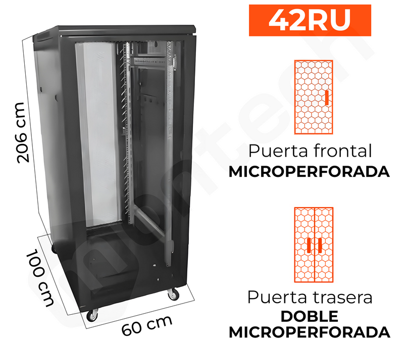 Gabinete de Piso para Servidores / 42 RU / 60x100x206 cm (AnchoxProf.xAlt.) / Puerta Frontal Microperforada Posterior Doble Microperforadas