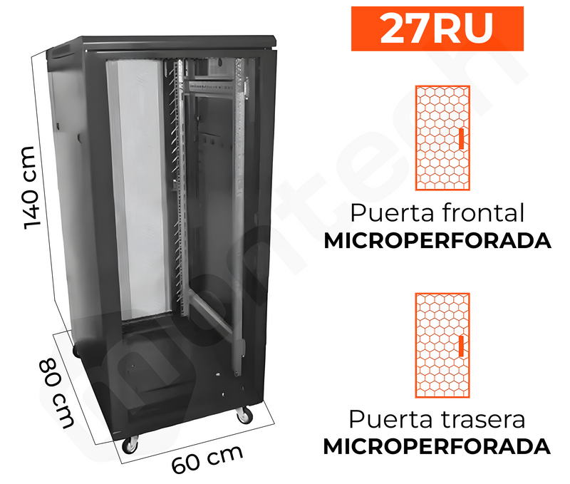 Gabinete de Piso para Servidores / 27 RU / 60x80x140 cm (AnchoxProf.xAlt.) / Puertas Microperforadas