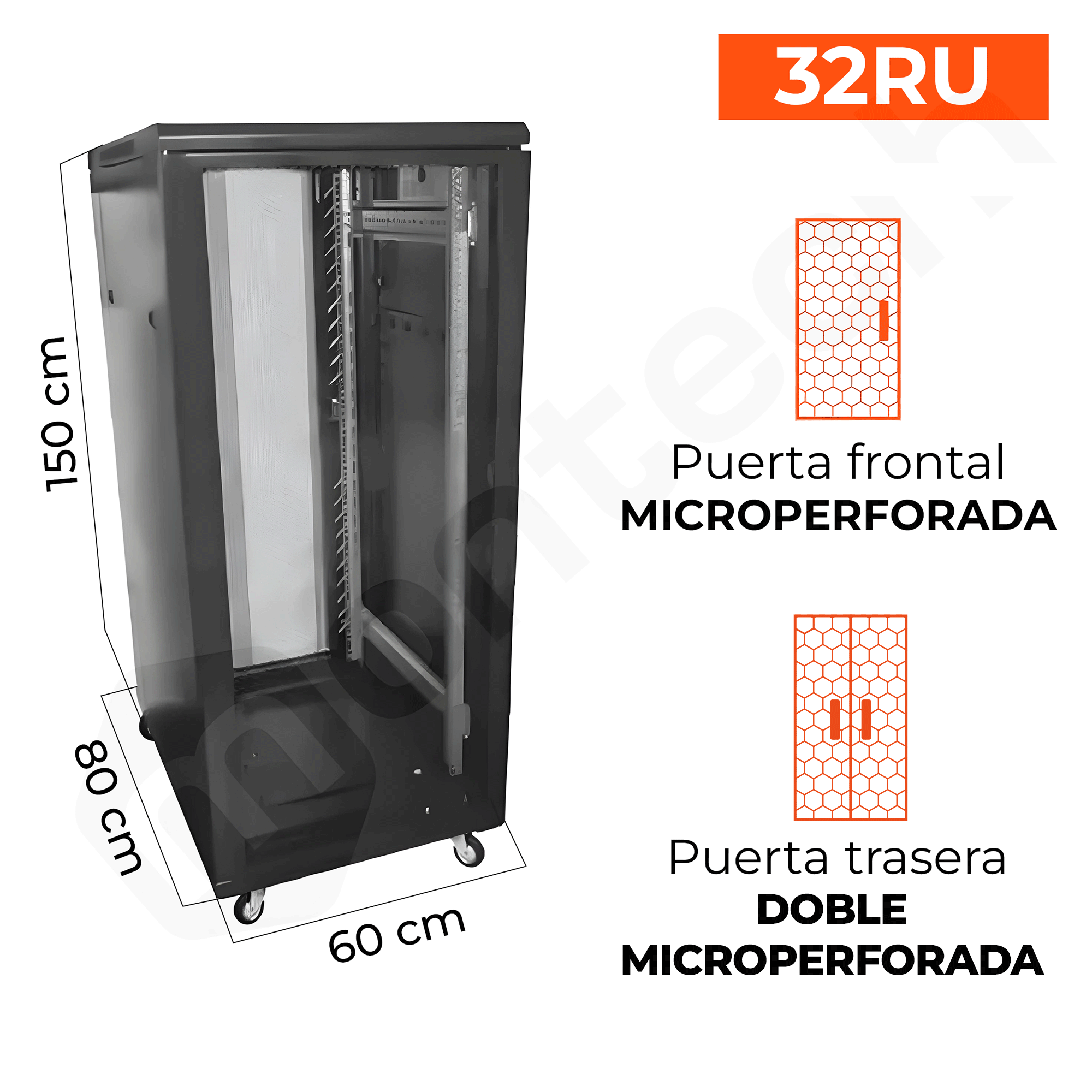 Gabinete de Piso para Servidores / 32 RU / 60x80x150 cm (AnchoxProf.xAlt.) / Puertas Microperforadas