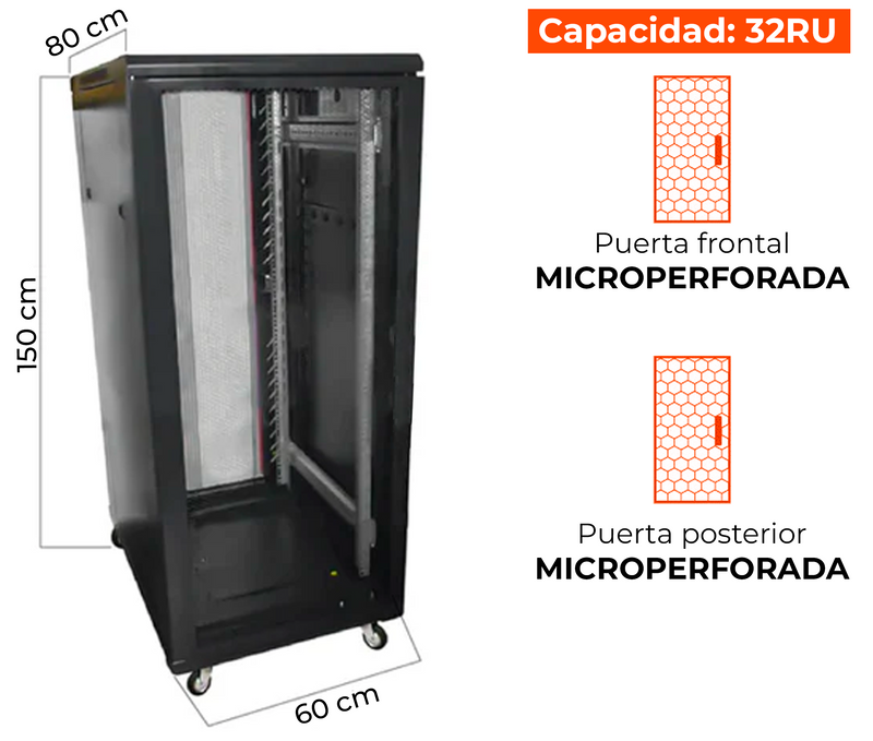 Gabinete de Piso para Servidores / 32 RU / 150x60x80 cm (Alt.xAnchoxProf.) / Puertas Microperforadas