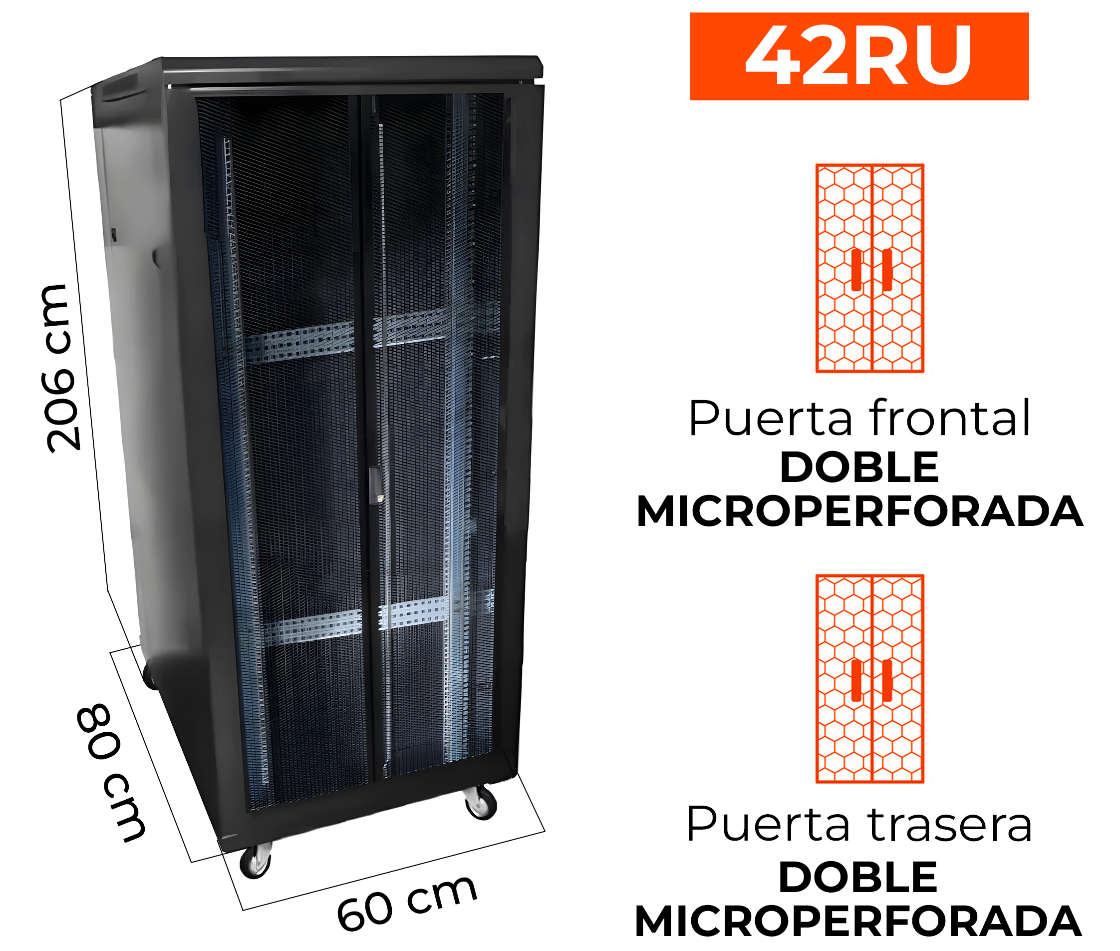 Gabinete de Piso para Servidores / 42 RU / 60x80x206 cm (AnchoxProf.xAlt.) / Puertas Doble Microperforadas