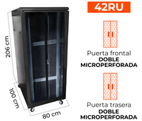 Gabinete de Piso para Servidores / 42 RU / 80x100x206 cm (AnchoxProf.xAlt.) / Puertas Doble Microperforadas