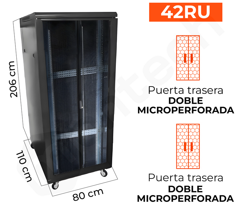 Gabinete de Piso para Servidores / 42 RU / 80x110x206 cm (AnchoxProf.xAlt.) / Puertas Doble Microperforadas