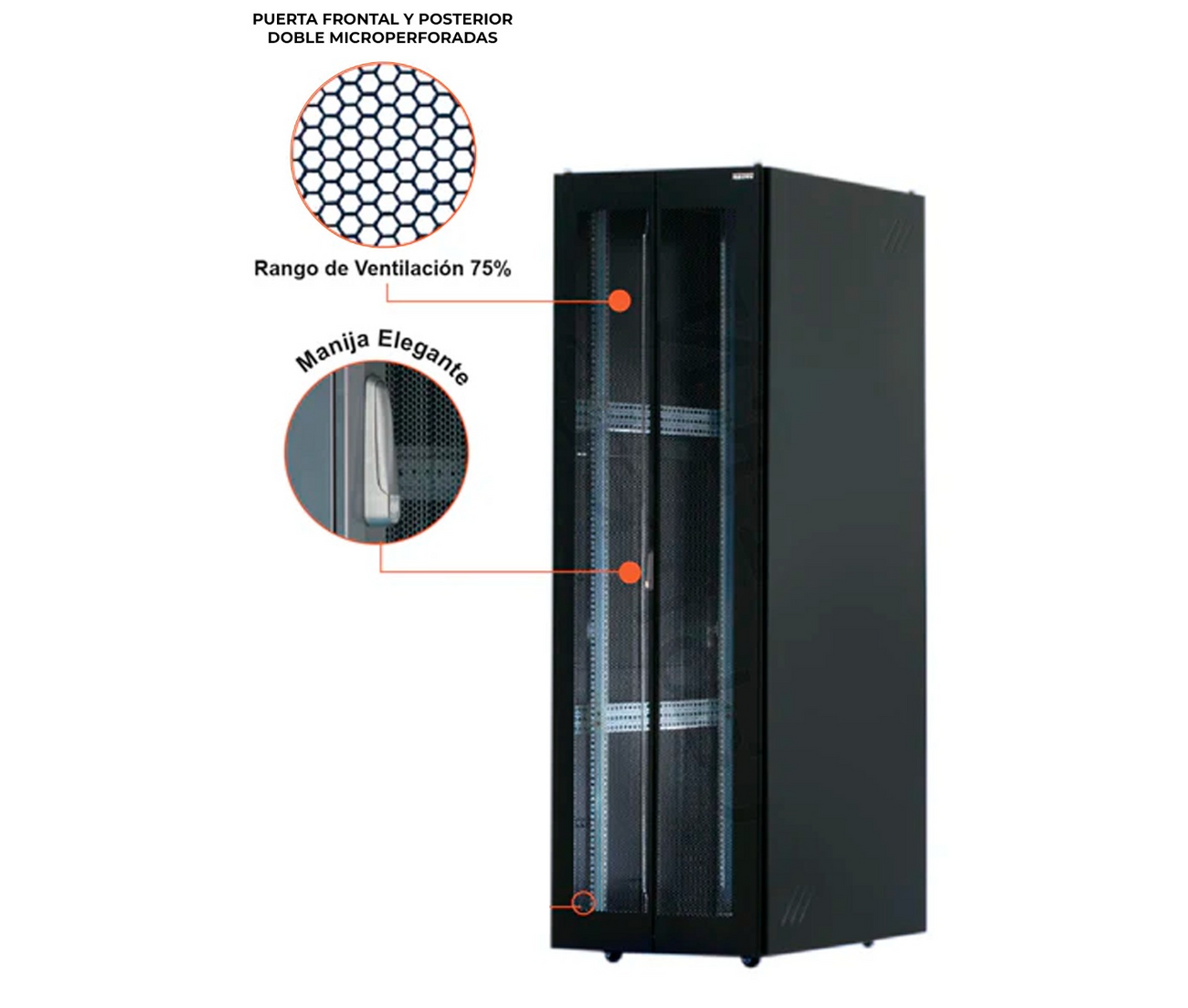 Gabinete de Piso para Servidores / 42 RU / 80x110x206 cm (AnchoxProf.xAlt.) / Puertas Doble Microperforadas