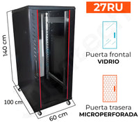 Gabinete de Piso para Servidores / 27 RU / 60x100x140 cm (AnchoxProf.xAlt.) / Puerta Frontal Vidrio Posterior Microperforada