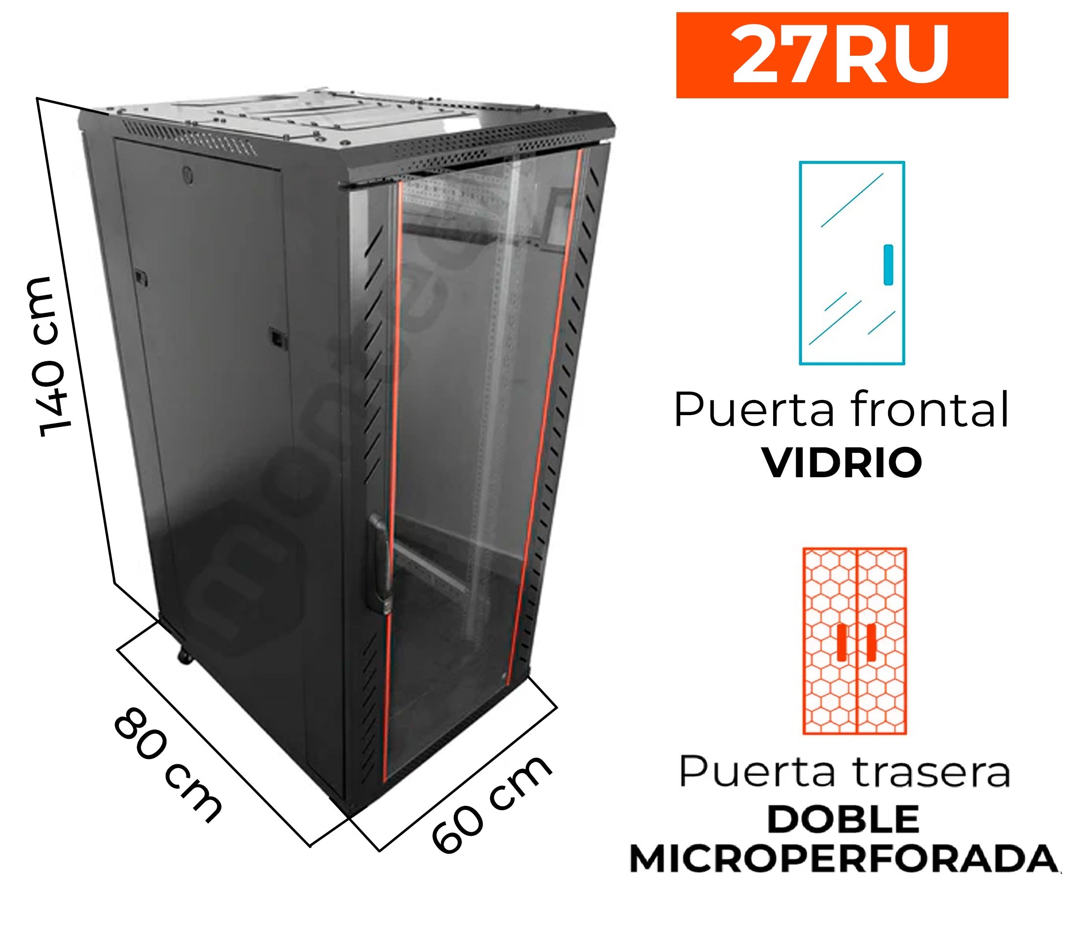 Gabinete de Piso Servidores / 27 RU / 60x80x140 cm (AnchoxProf.xAlt.) / Puerta Frontal Vidrio Posterior doble Microperforada