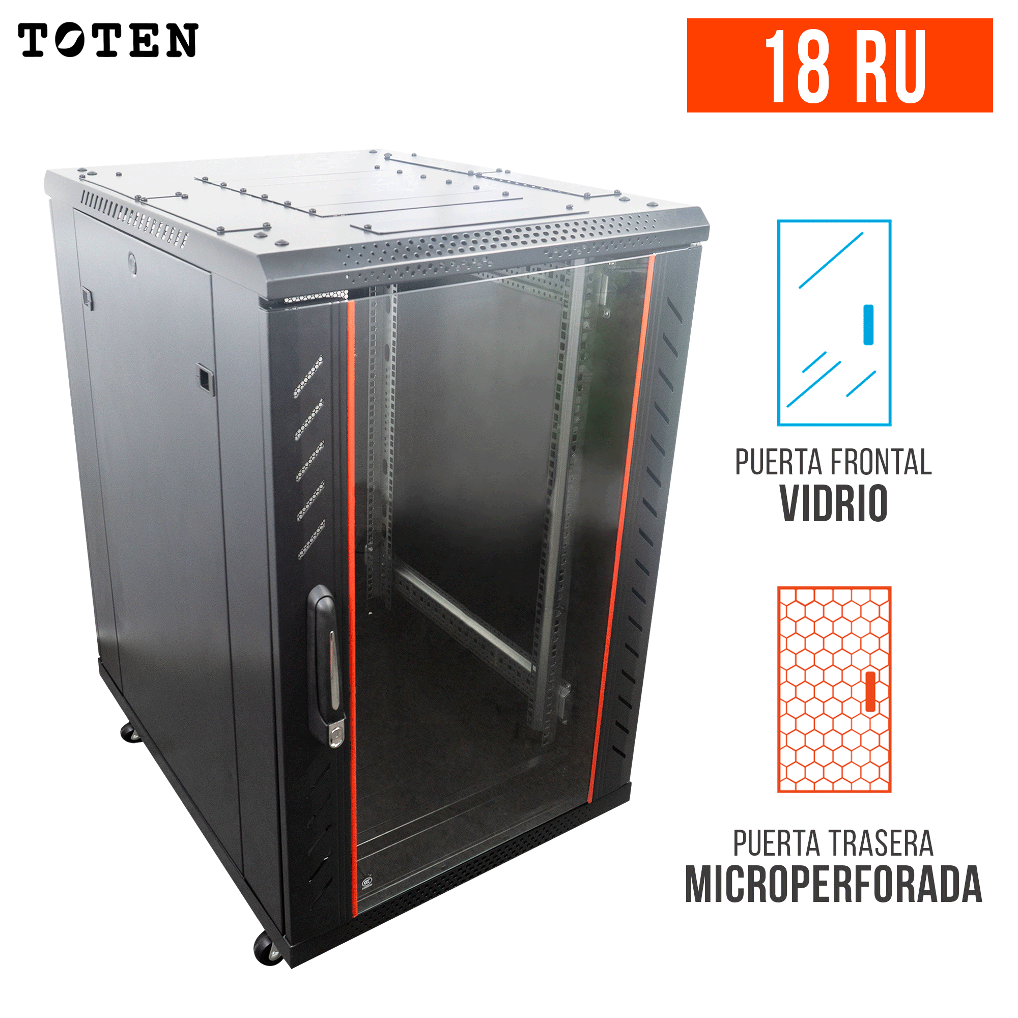Gabinete de Piso para Servidores / 18 RU / 60x80x90 cm (AnchoxProf.xAlt.) / Puerta Frontal Vidrio Posterior Microperforada