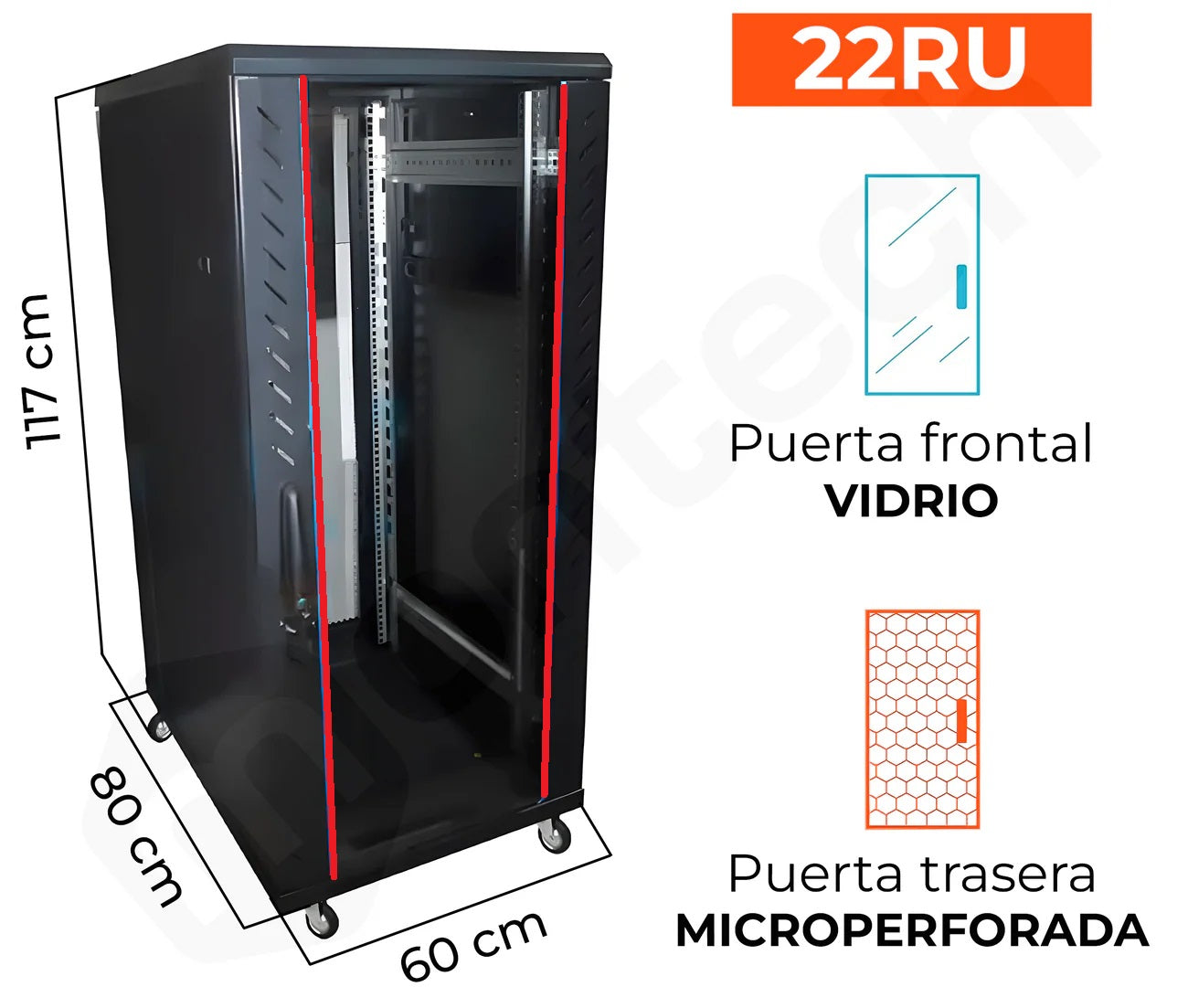 Gabinete de Piso para Servidores / 22 RU / 60x80x117 cm (AnchoxProf.xAlt.) / Puerta Frontal Vidrio Posterior Microperforada
