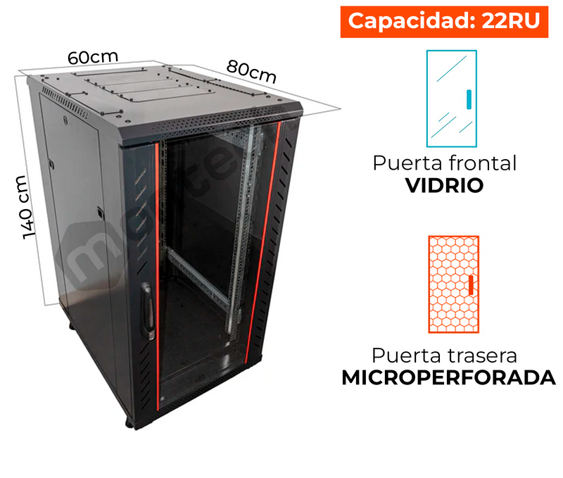 Gabinete de Piso para Servidores / 22 RU / 116x60x80 cm (Alt.xAnchoxProf.) / Puerta Frontal Vidrio Posterior Microperforada