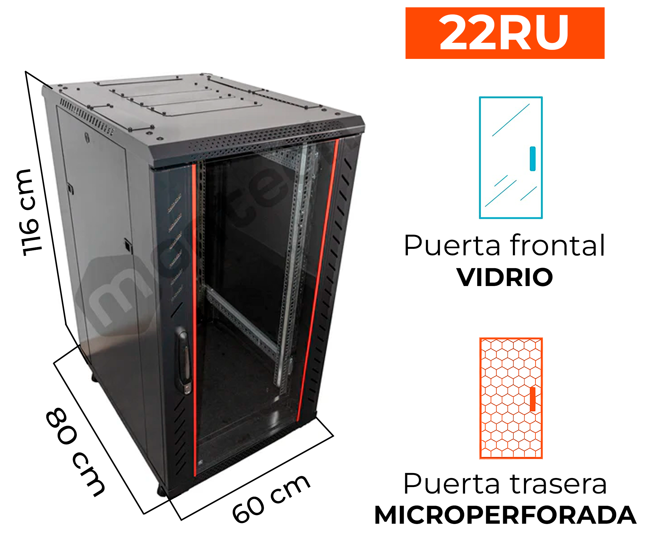 Gabinete de Piso para Servidores / 22 RU / 60x80x116 cm (AnchoxProf.xAlt.) / Puerta Frontal Vidrio Posterior Microperforada