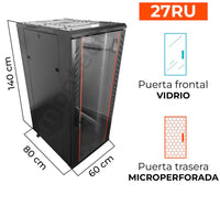Gabinete de Piso Servidores / 27 RU / 60x80x140 cm (AnchoxProf.xAlt.) / Puerta Frontal Vidrio Posterior Microperforada