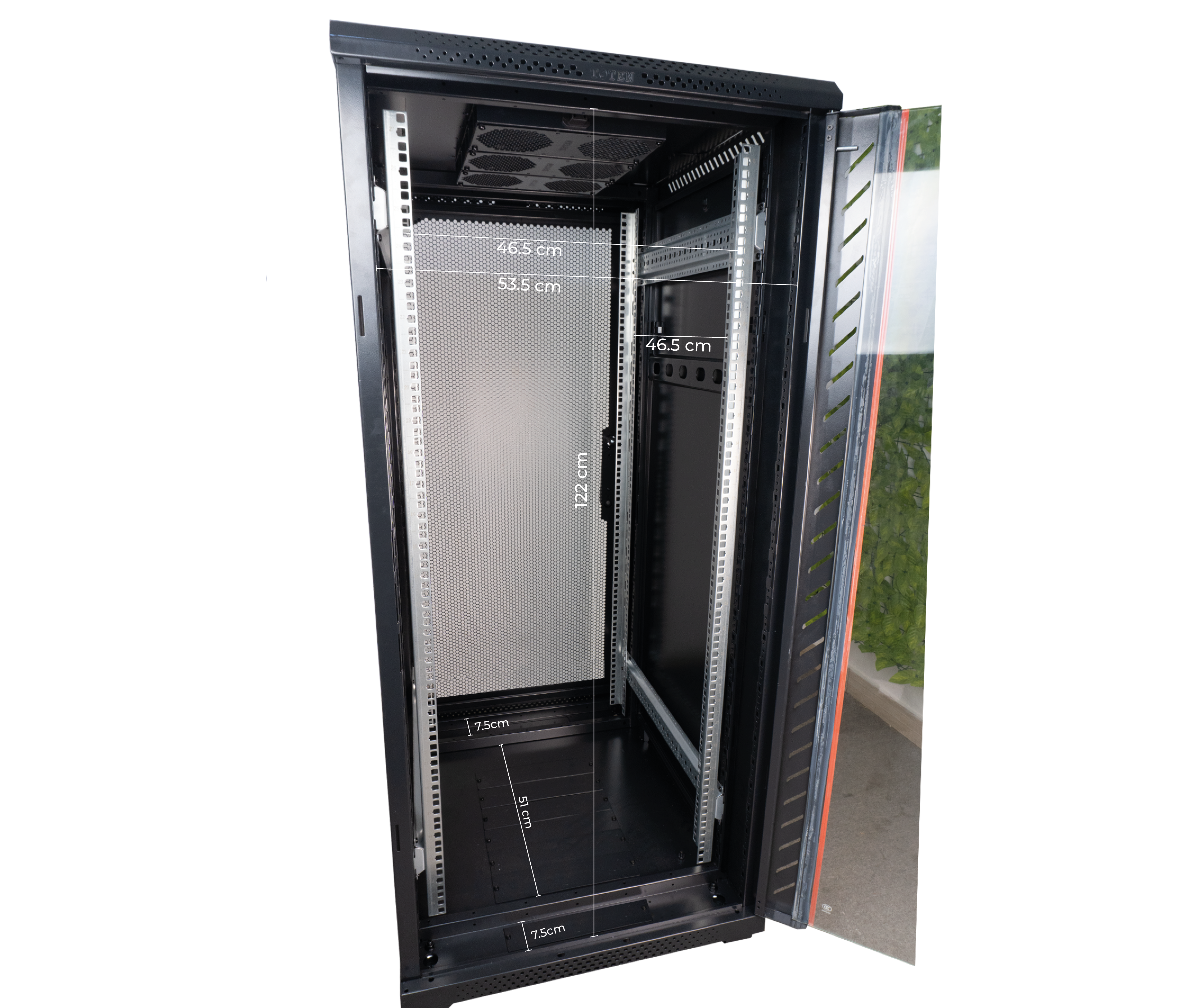 Gabinete de Piso Servidores / 27 RU / 60x80x140 cm (AnchoxProf.xAlt.) / Puerta Frontal Vidrio Posterior Microperforada