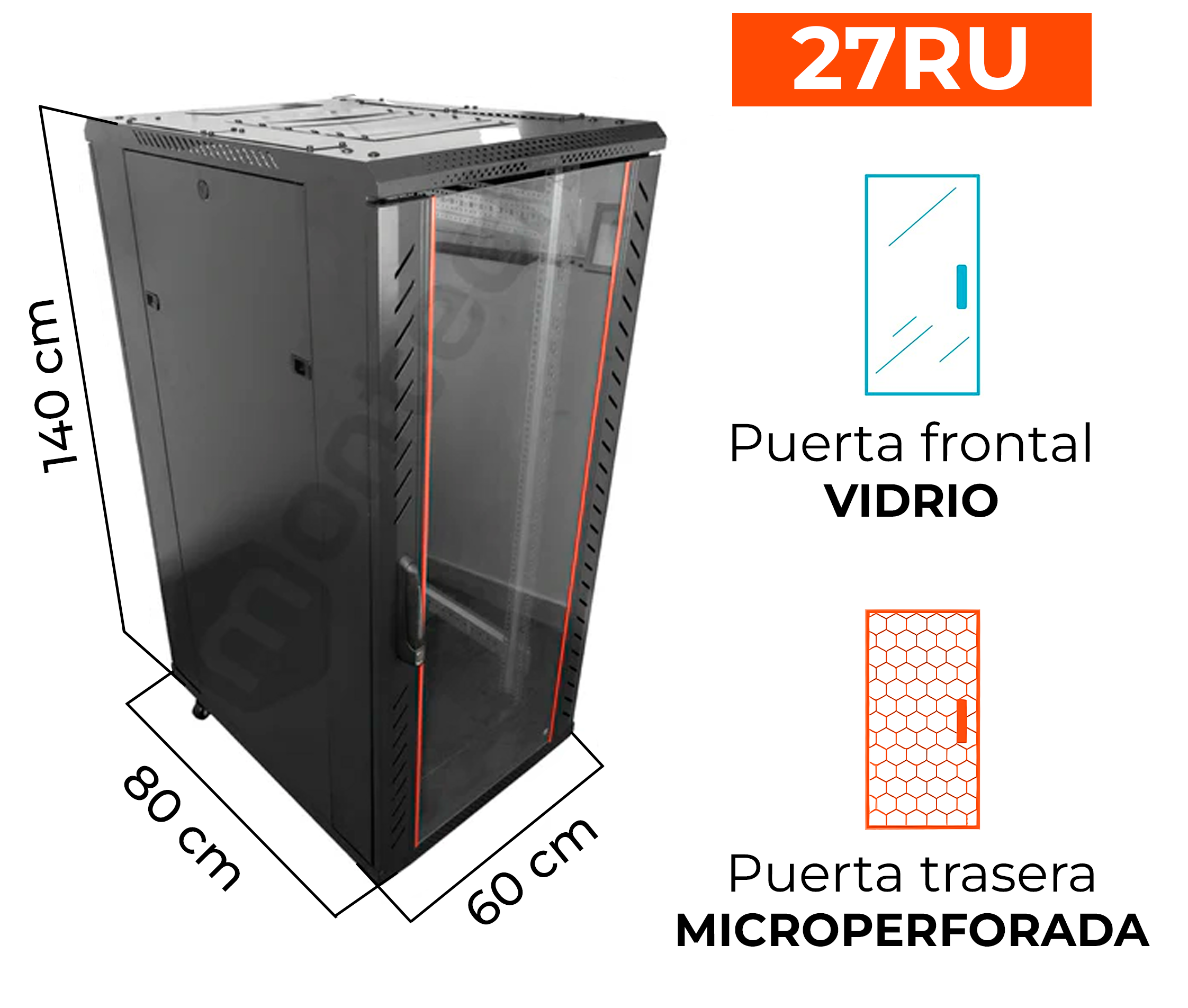 Gabinete de Piso Servidores / 27 RU / 60x80x140 cm (AnchoxProf.xAlt.) / Puerta Frontal Vidrio Posterior Microperforada
