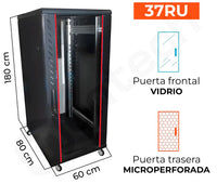 Gabinete de Piso para Servidores / 37 RU / 60x80x180 cm (AnchoxProf.xAlt.) / Puerta Frontal Vidrio Posterior Microperforada