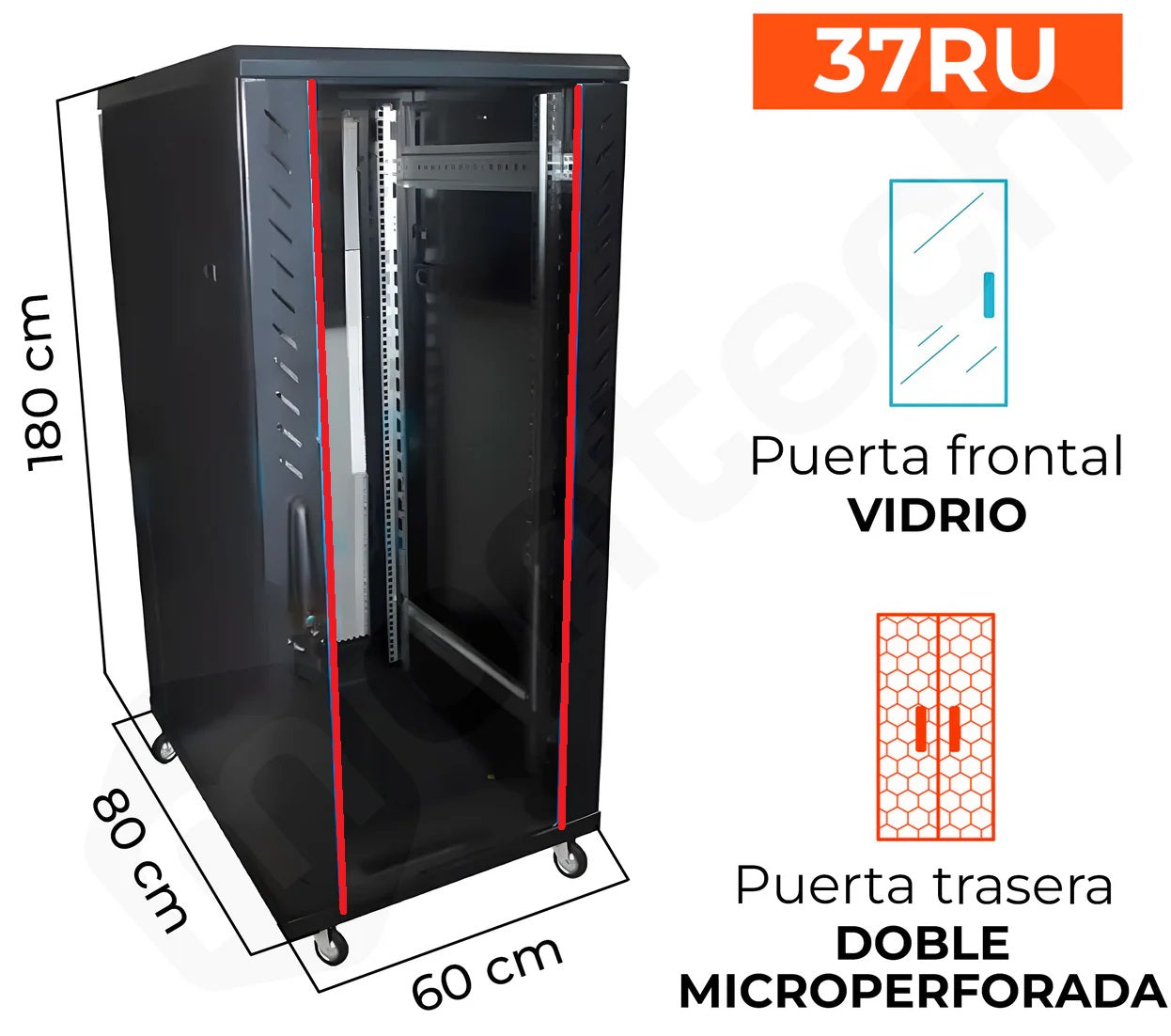 Gabinete de Piso para Servidores / 37 RU / 60x80x180 cm (AnchoxProf.xAlt.) / Puerta Frontal Vidrio Posterior doble hoja Microperforada