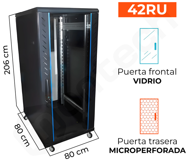 Gabinete de Piso Servidores / 42 RU / 80x80x206 cm (AnchoxProf.xAlt.) / Puerta Frontal Vidrio Posterior Microperforada