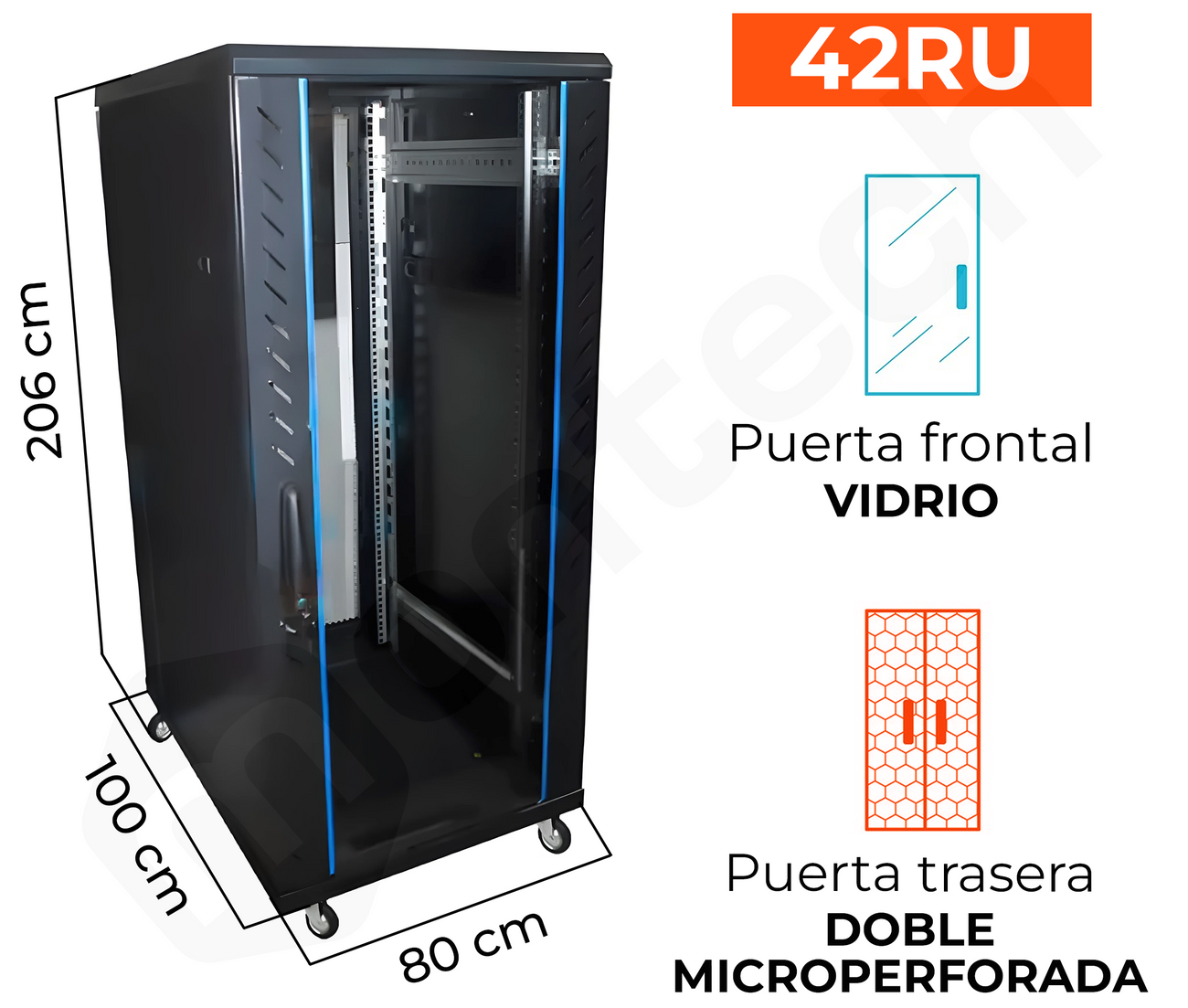 Gabinete de Piso para Servidores / 42 RU / 80x100x206 cm (AnchoxProf.xAlt.) / Puerta Frontal Vidrio Posterior Doble Microperforada