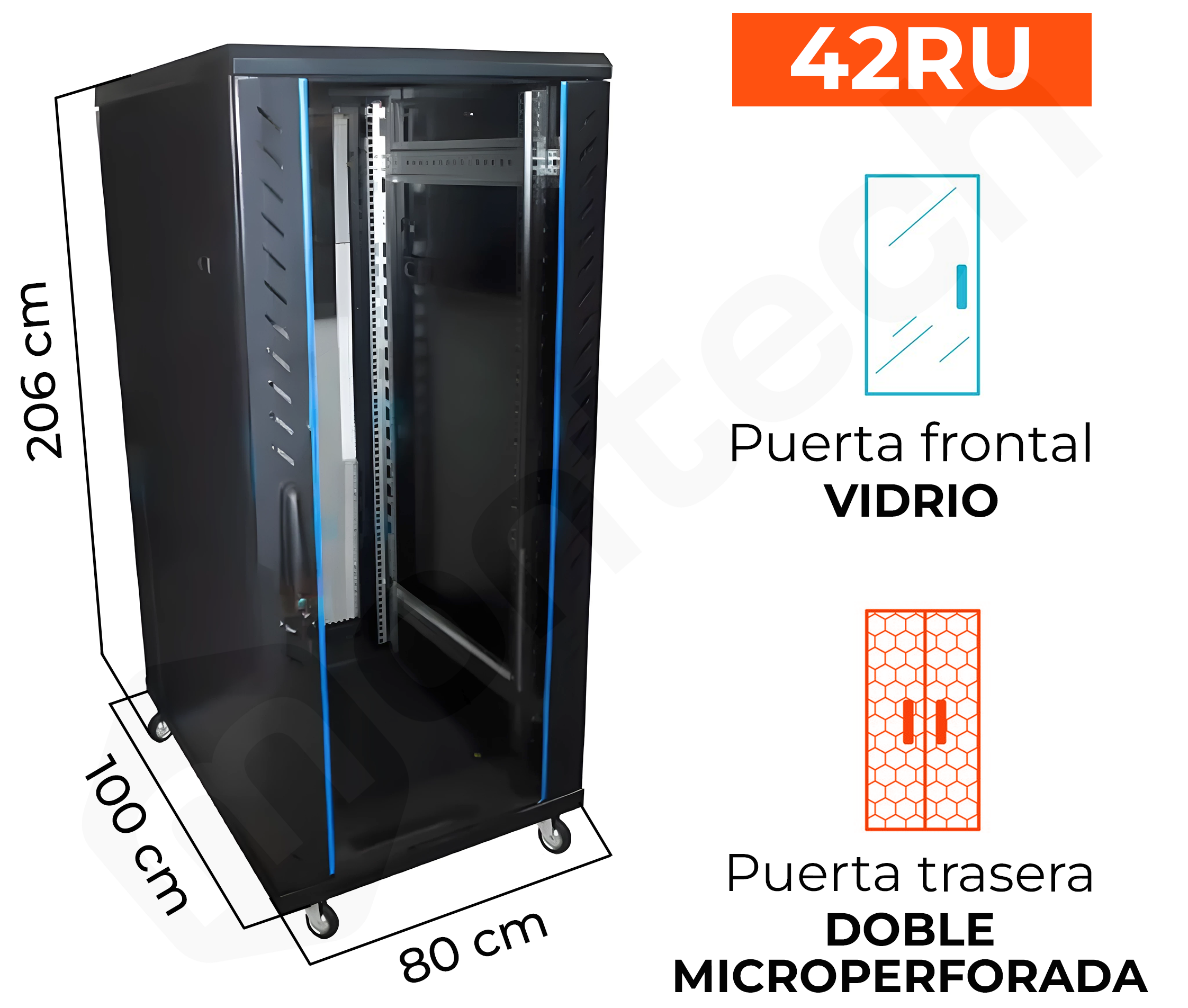 Gabinete de Piso para Servidores / 42 RU / 80x100x206 cm (AnchoxProf.xAlt.) / Puerta Frontal Vidrio Posterior Doble Microperforada