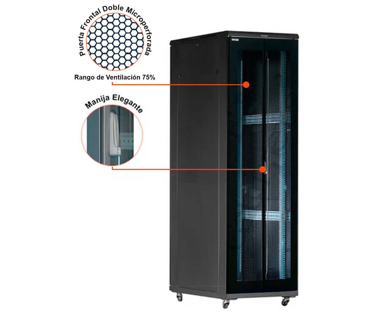 Gabinete de Piso Servidores / 42 RU / 80x80x206 cm (AnchoxProf.xAlt.) / Puertas Doble microperforadas