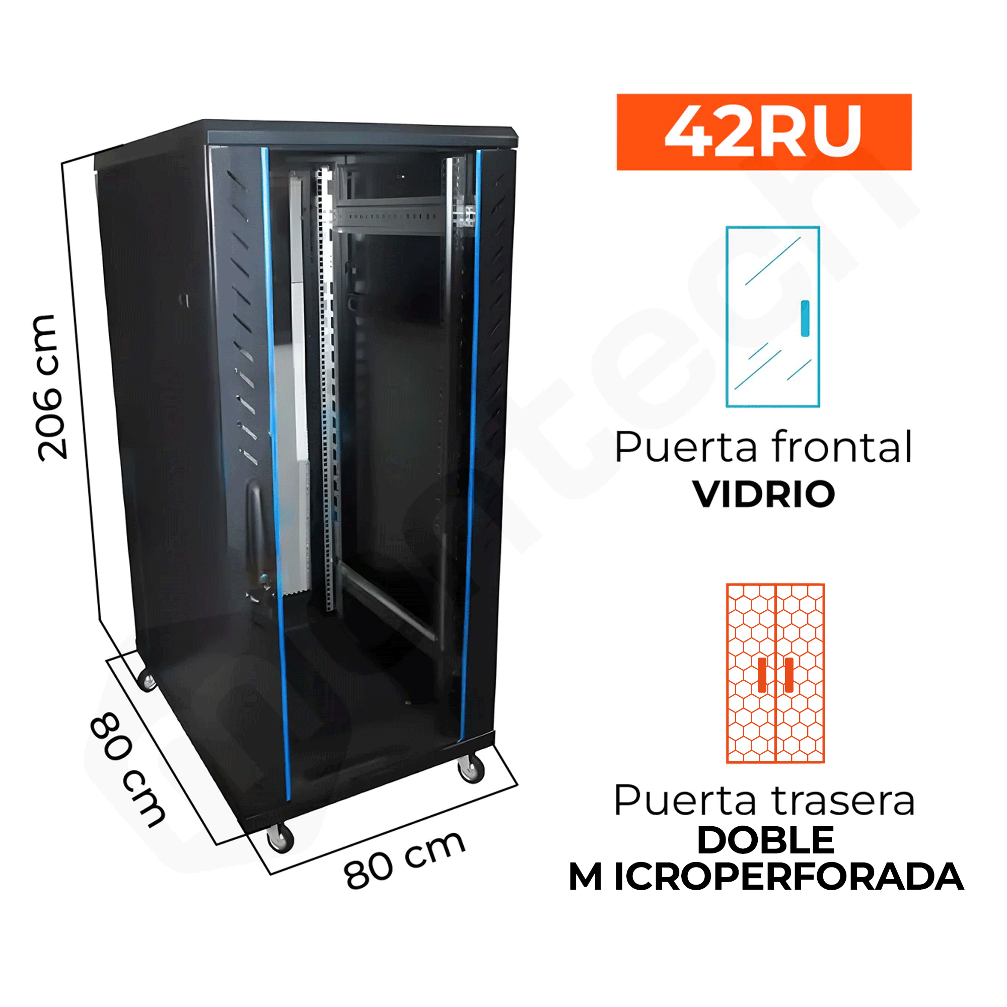 Gabinete de Piso Servidores / 42 RU / 80x80x206 cm (AnchoxProf.xAlt.) / Puerta Frontal Vidrio Posterior Doble Microperforada