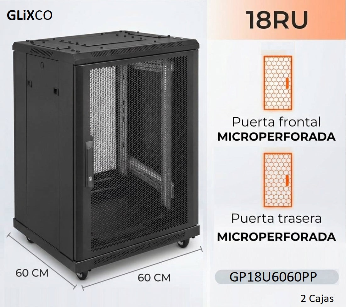 Gabinete de Piso 19" / 18RU / 60x60 cm (Anch x Prof) / Puerta Frontal y Posterior Microperforada