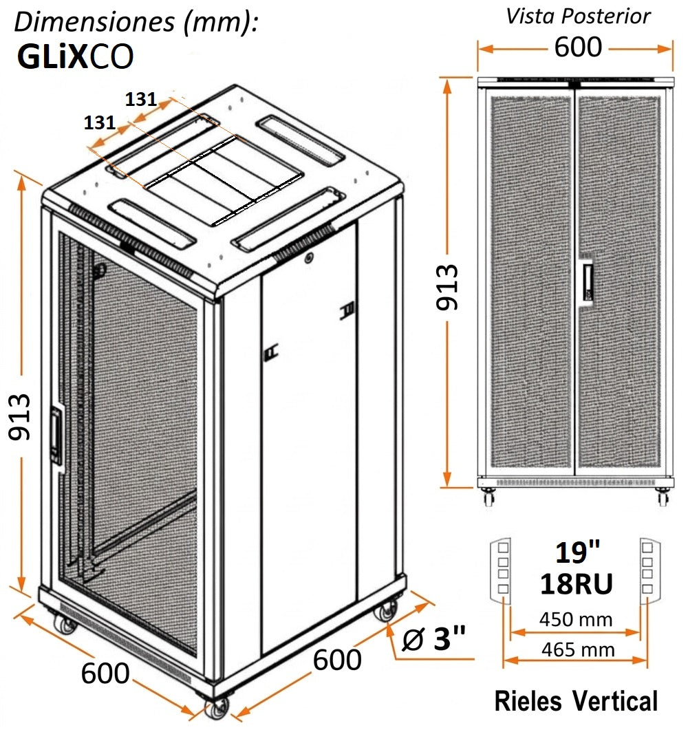 Gabinete de Piso 19" / 18RU / 60x60 cm (Anch x Prof) / Puerta Frontal Microperforada y Posterior Doble Microperforada