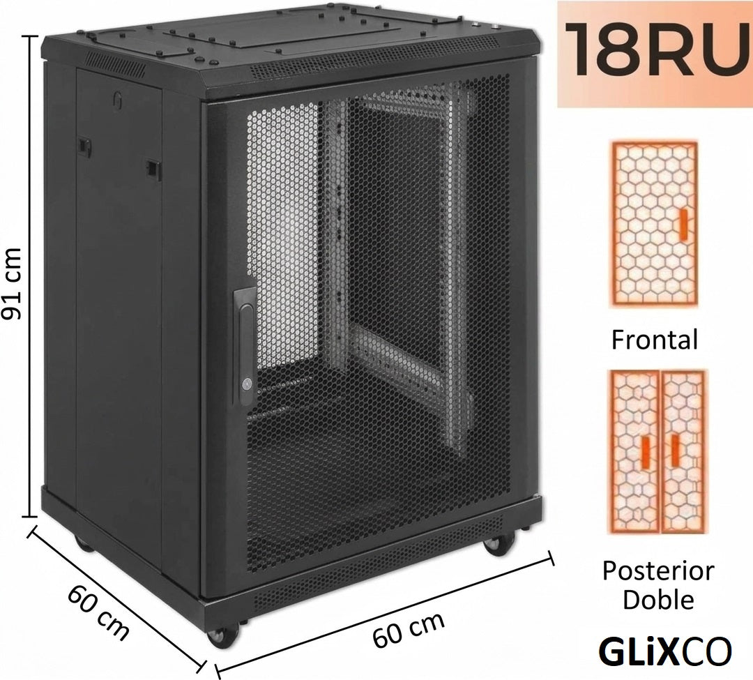 Gabinete de Piso 19" / 18RU / 60x60 cm (Anch x Prof) / Puerta Frontal Microperforada y Posterior Doble Microperforada
