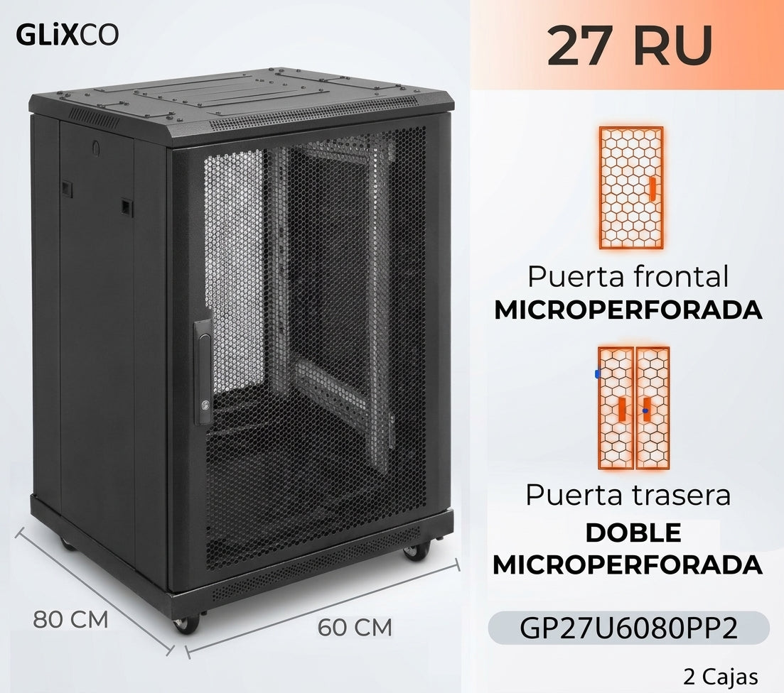 Gabinete de Piso 19" / 27 RU / 60x80 cm (Anch x Prof) / Puerta Frontal Microperforado y  Posterior Doble Microperforado