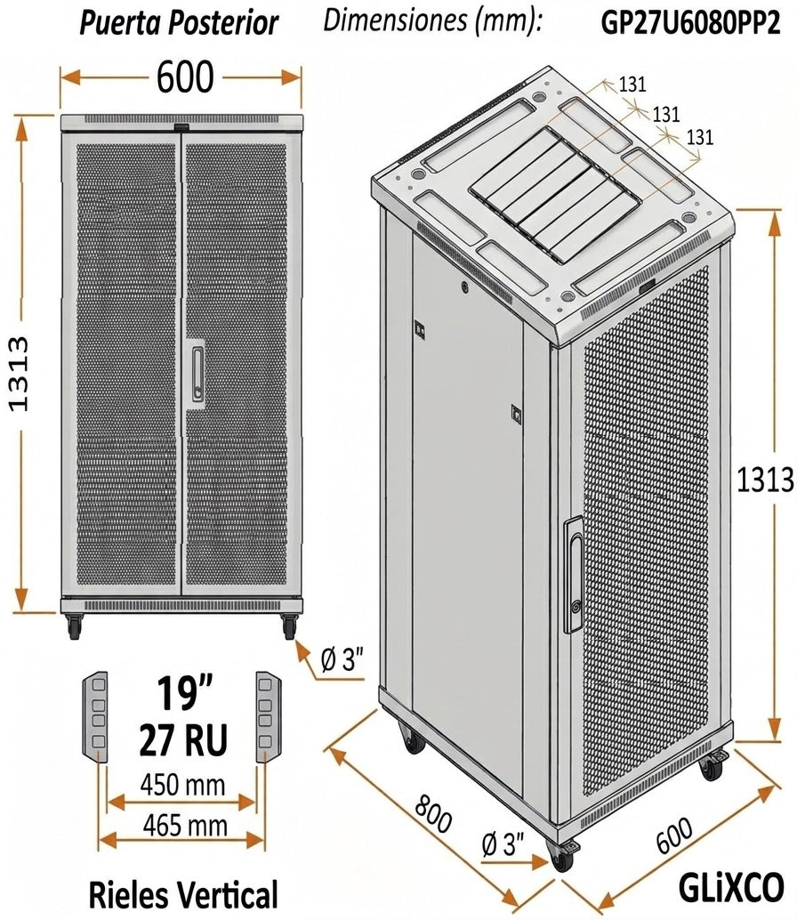 Gabinete de Piso 19" / 27 RU / 60x80 cm (Anch x Prof) / Puerta Frontal Microperforado y  Posterior Doble Microperforado