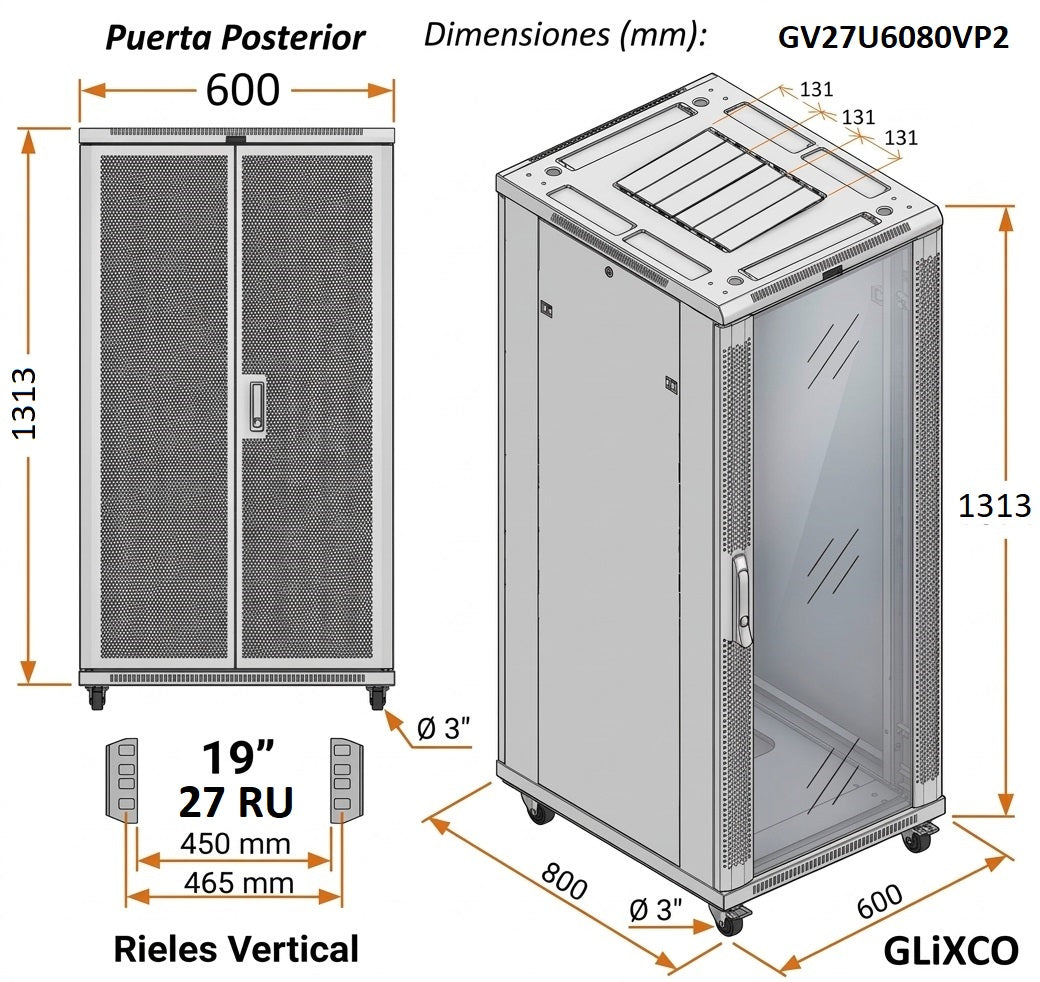 Gabinete de Piso 19" / 27 RU / 60x80 cm (Anch x Prof) / Puerta Frontal Vidrio y Posterior Doble Microperforada