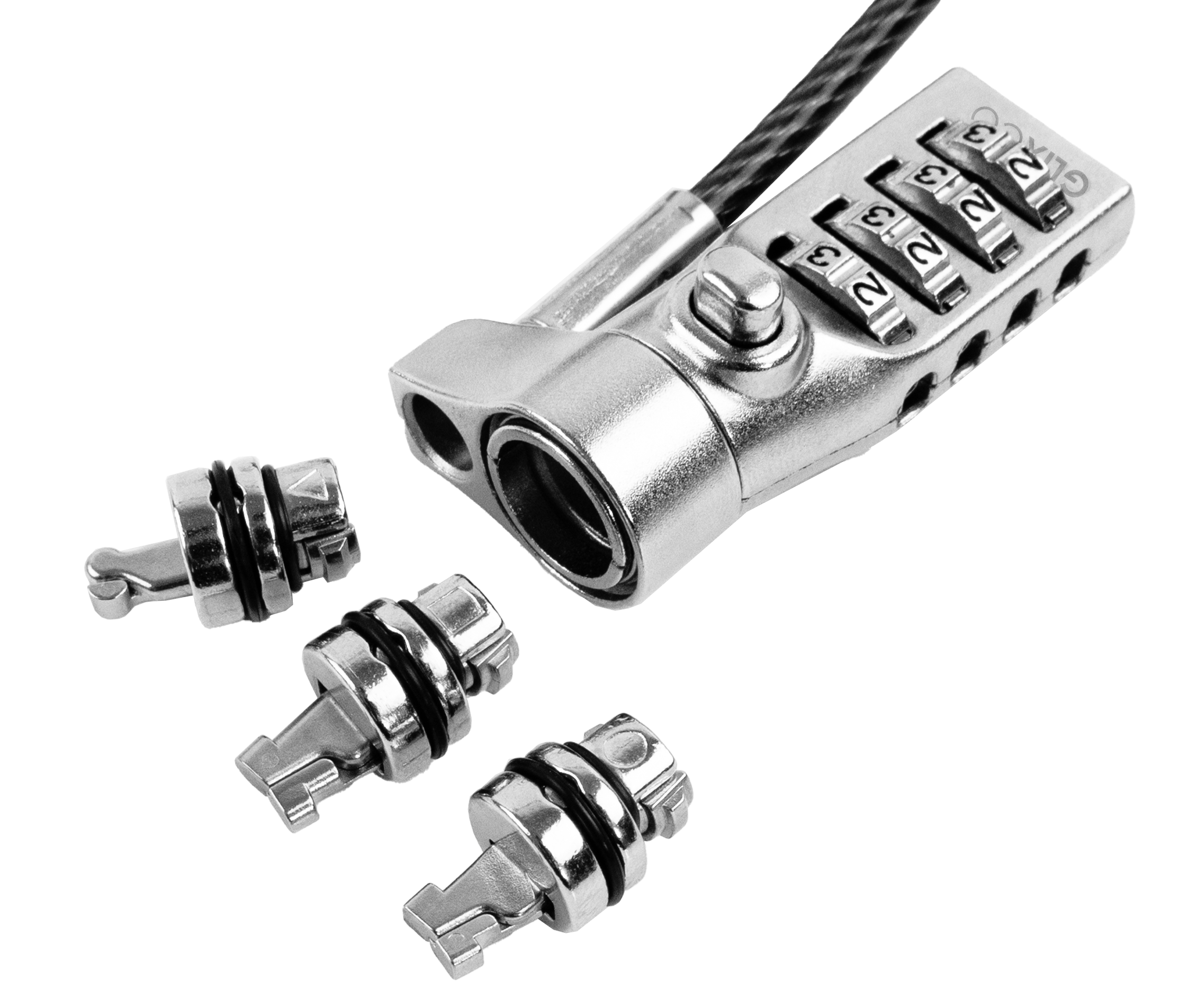 Cable de Seguridad para Laptop con Clave 4 dígitos / 2 Mt / Ranura Universal 3 en 1 / Cabezales intercambiables