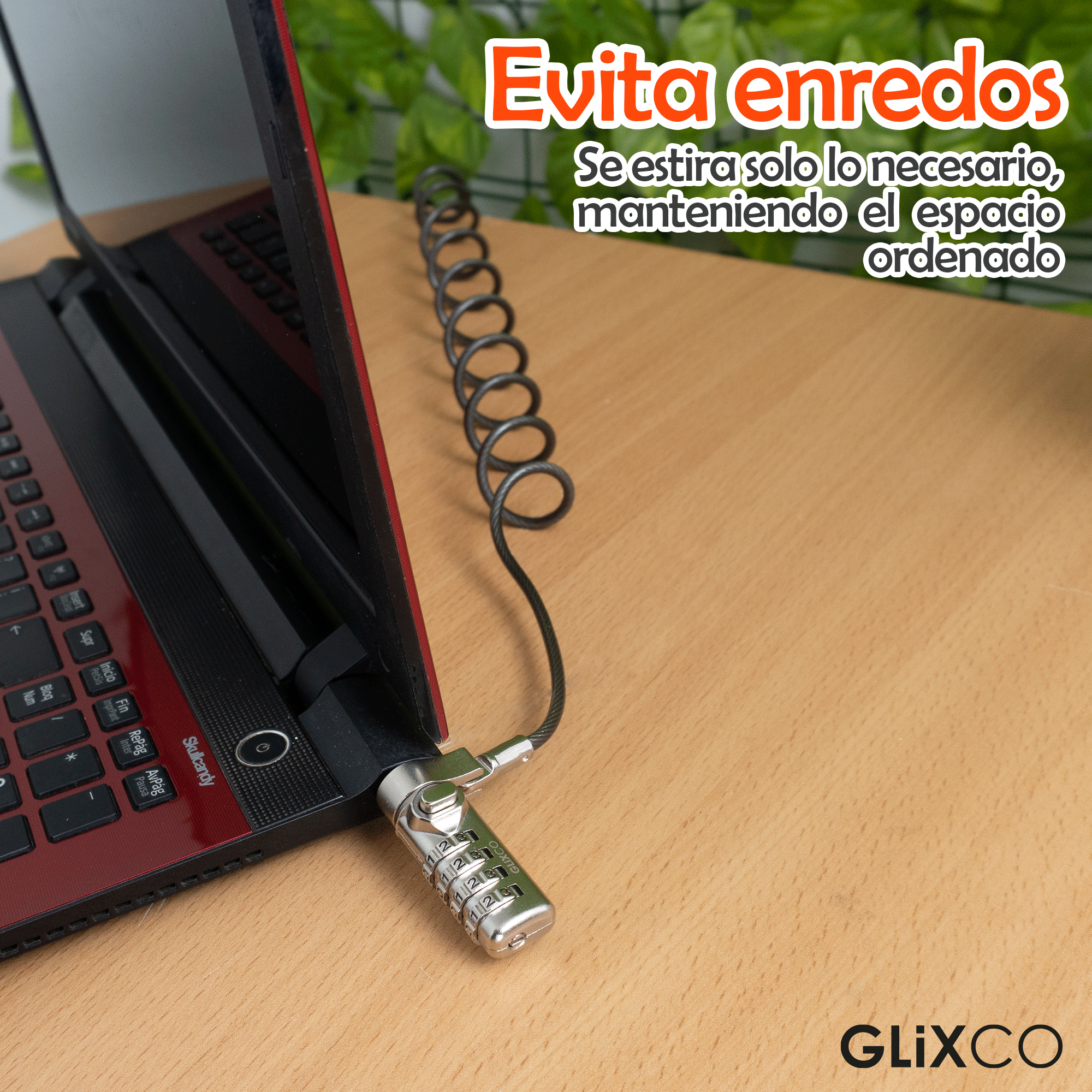 Cable Espiral de Seguridad para Laptop con Clave 4 dígitos / Ranura Standard Kensington