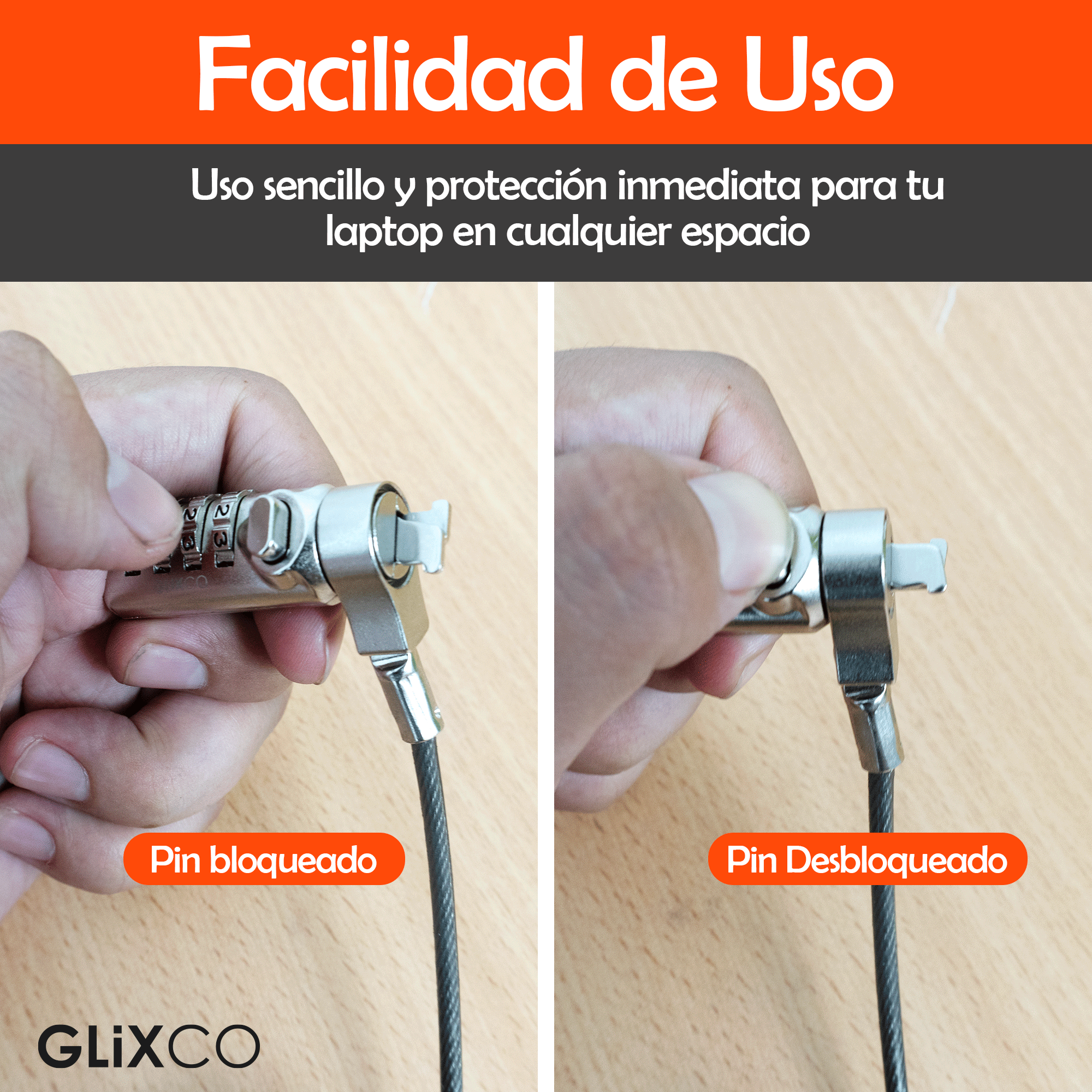 Cable Espiral de Seguridad para Laptop con Clave 4 dígitos / Ranura Standard Kensington