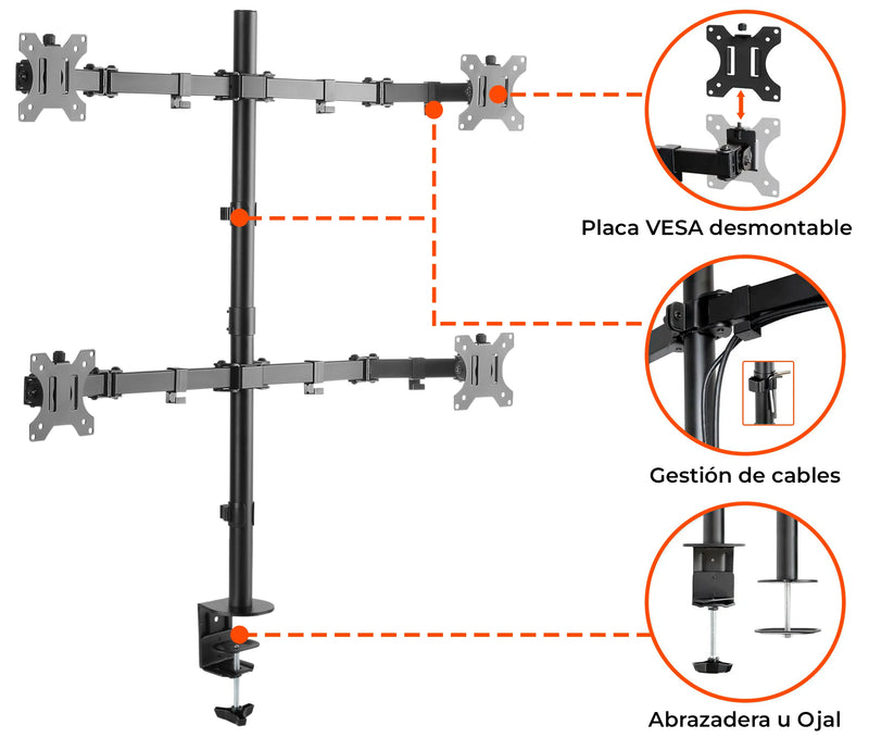 Rack Soporte Cuadruple Brazo de Escritorio para 4 Monitores 13 a 32 Pulg