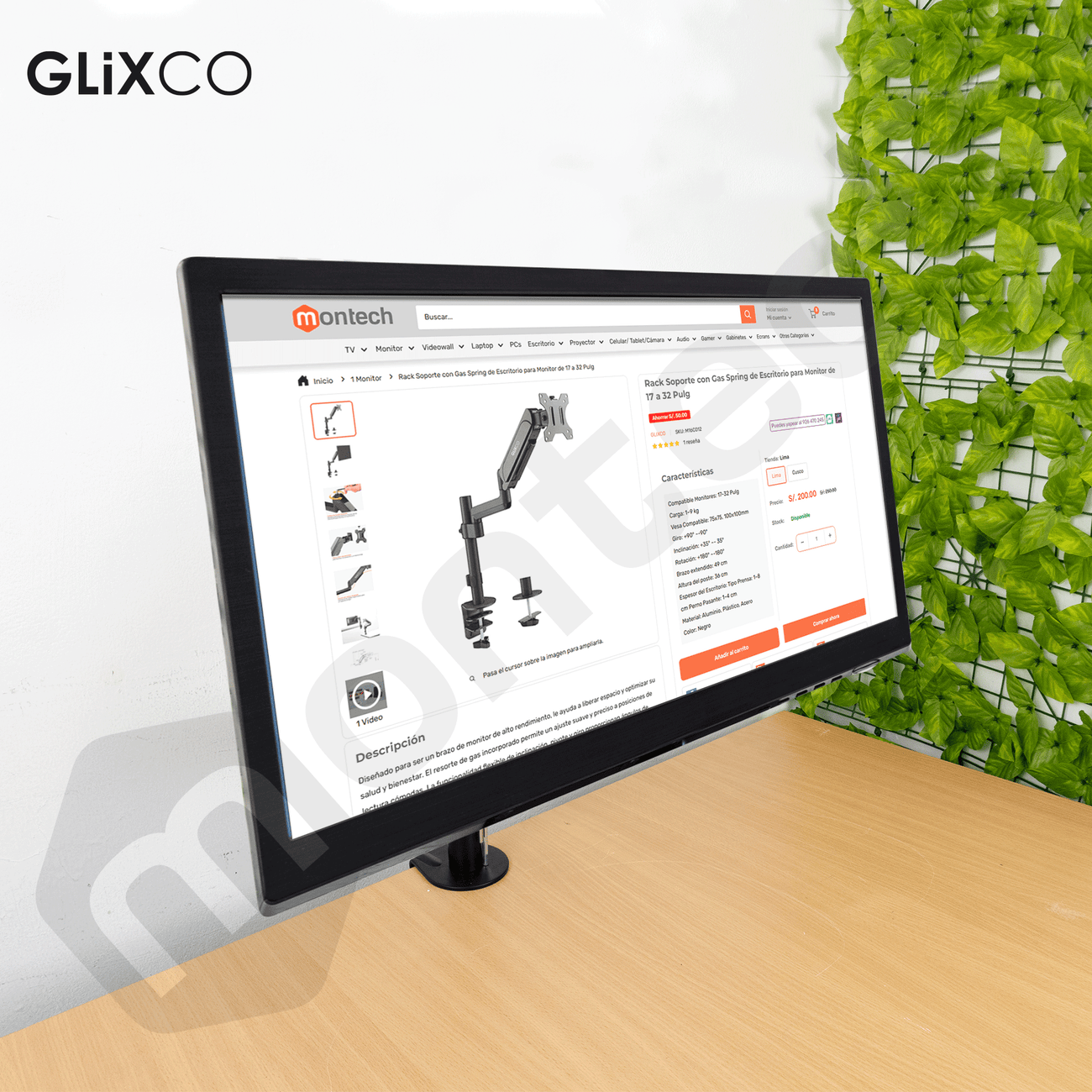 Rack Soporte con Gas Spring de Escritorio para Monitor de 17 a 32 Pulg